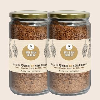 Adya Organics Date Palm Jaggery Powder (Khejur Gur) | Low GI Natural Sweetener | Healthy Sugar & Jaggery Substitute | Immunity Support | Winter Wellness & Congestion Relief | 800g (400g x 2)