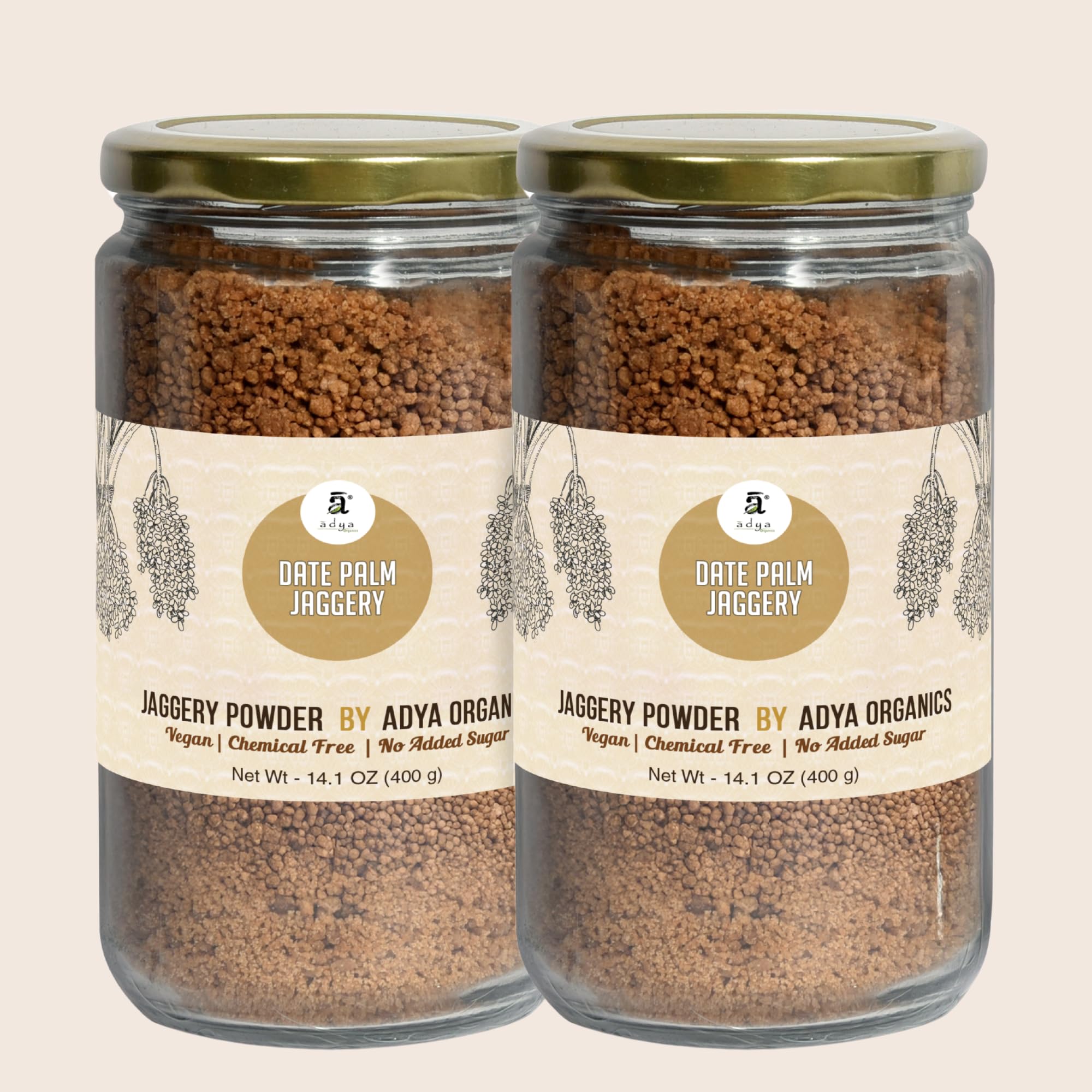 Adya Organics Date Palm Jaggery Powder (Khejur Gur) | Low GI Natural Sweetener | Healthy Sugar & Jaggery Substitute | Immunity Support | Winter Wellness & Congestion Relief | 800g (400g x 2)