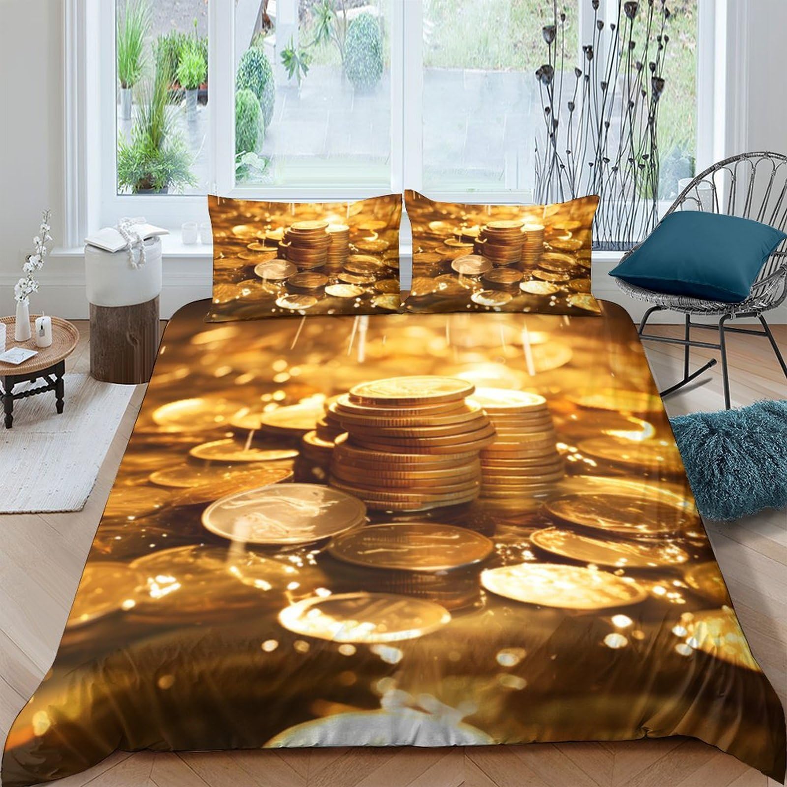 GPLZQXKJNH 3D Printed Gold Coin Duvet Cover Microfiber Soft Breathable Treasure Pattern Bedding Set with 2 Pillowcases for Bedroom Decor Single（135x200cm）