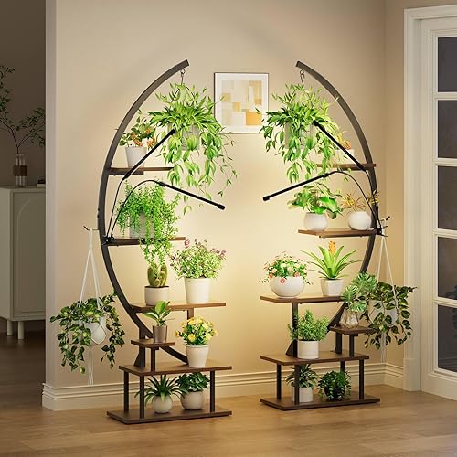 GREENSTELL Soporte para plantas con luces de crecimiento, estante de metal para plantas de media luna de 7 niveles, escalera curvada de múltiples