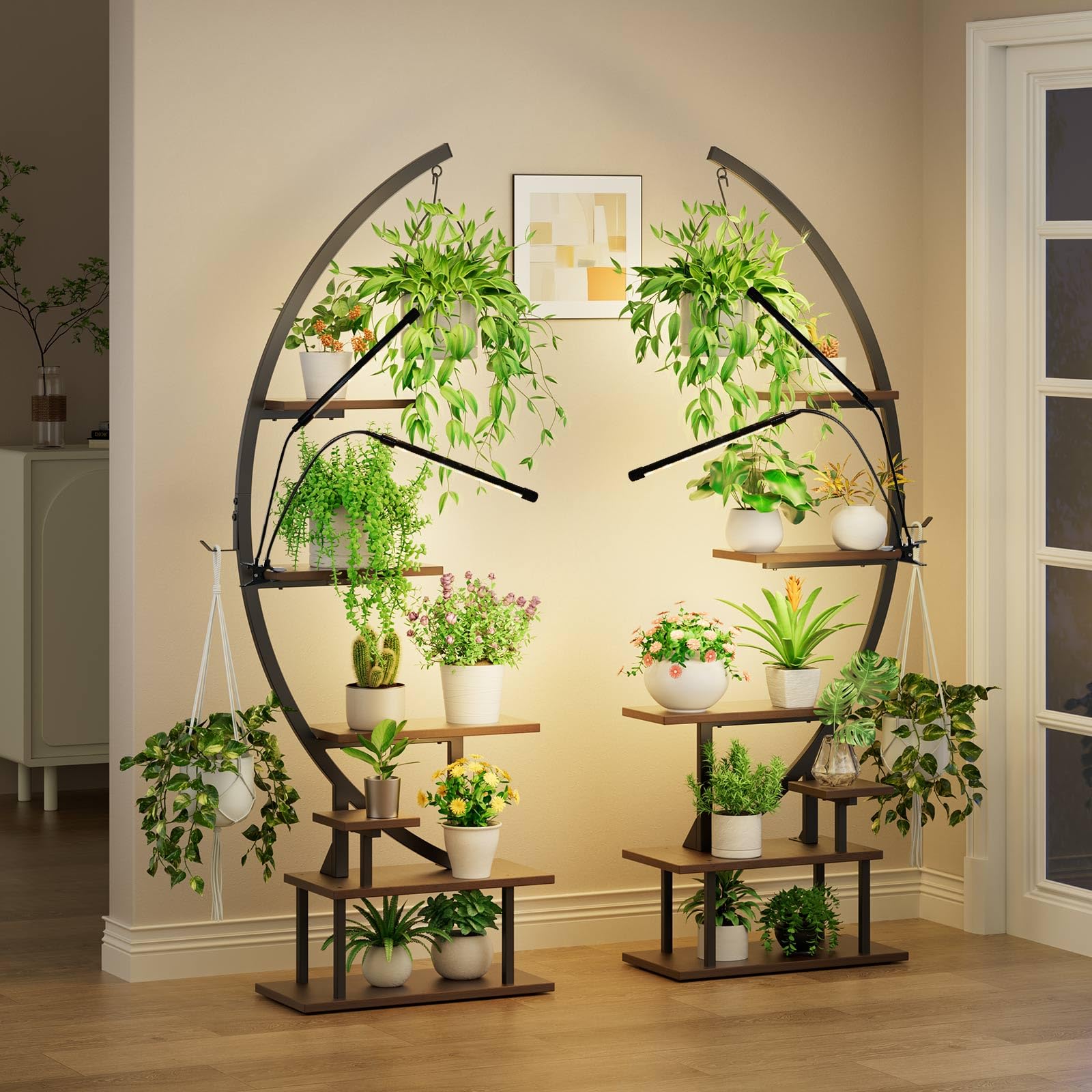 GREENSTELL Plant Stand with Grow Lights, Half Moon 7 Tiered Metal Plant Shelf , Multiple Tier Curved Ladder Flower Pot Stand Display Rack for Indoor