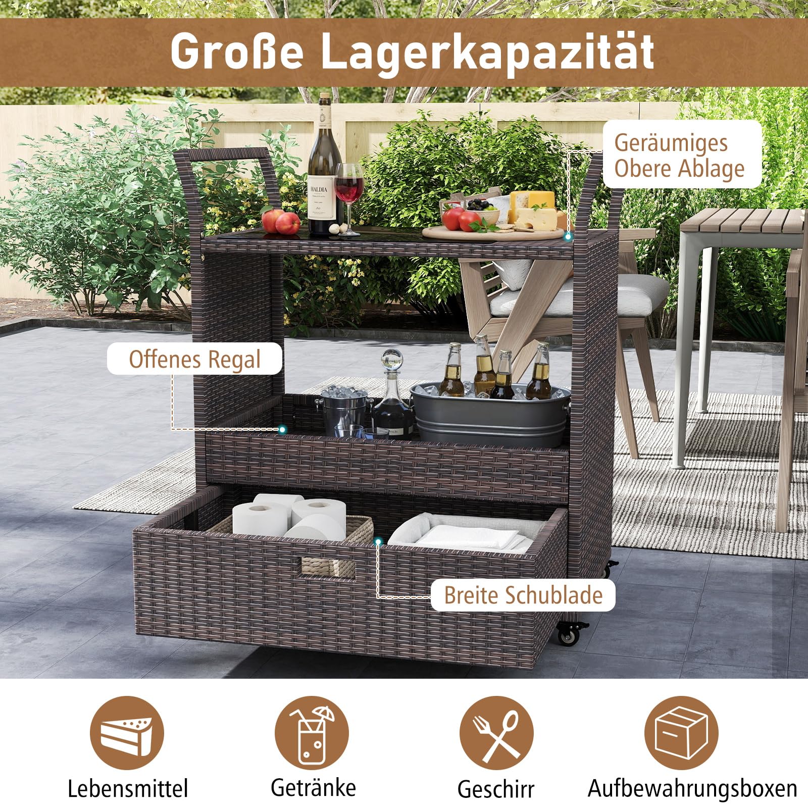 COSTWAY Wózek do grilla na zewnątrz, wózek do serwowania z rattanu z hartowaną szklaną płytą, otwartą półką i szufladą, stół do grilla, wózek ogrodowy do grillowania na podwórko, do ogrodu, tarasu