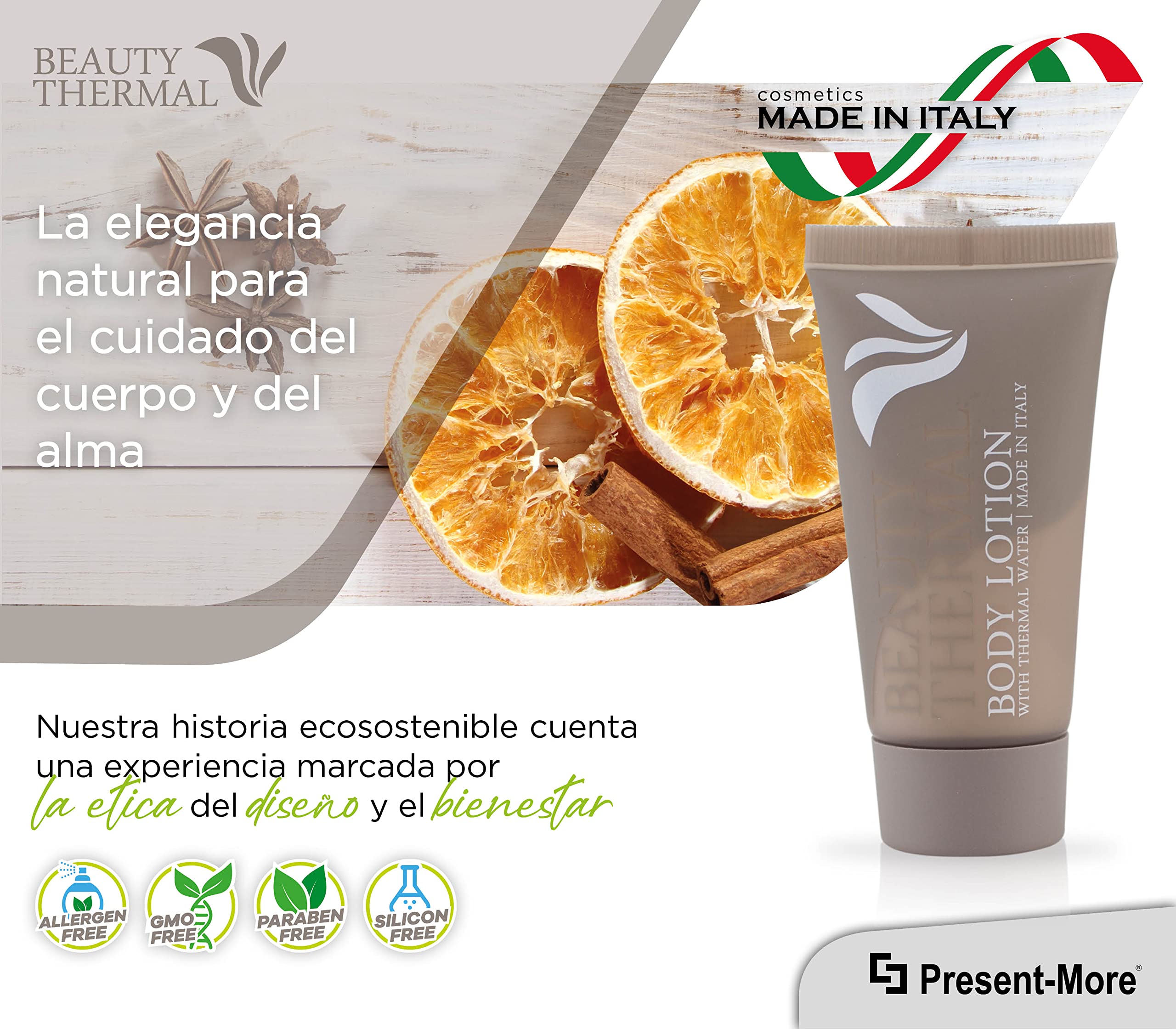 Present-More Crema corporal 30ml Beauty Thermal - Crema cuerpo 250 unidades para Hoteles y B&B | Crema cuerpo sin alérgenos con fragancia Arancia y Canela