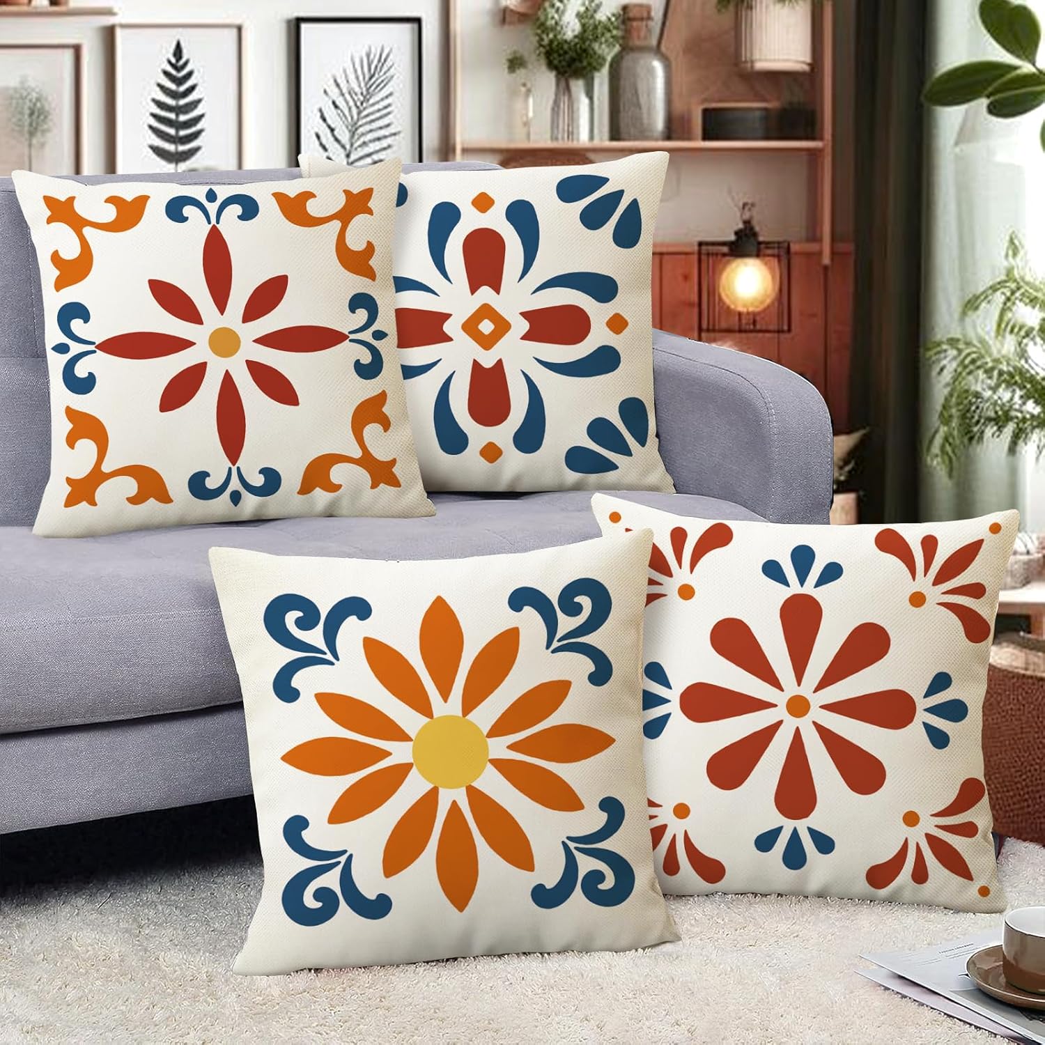 Fahrendom Mexican Talavera Tile Decorative Throw Pillow Covers 18 x 18 Set of 4, Boho Colorful Spanish Floral Porch Patio Pillowcase, Southwestern Traditional Flower Sofa Couch Cushion Case Home Decor