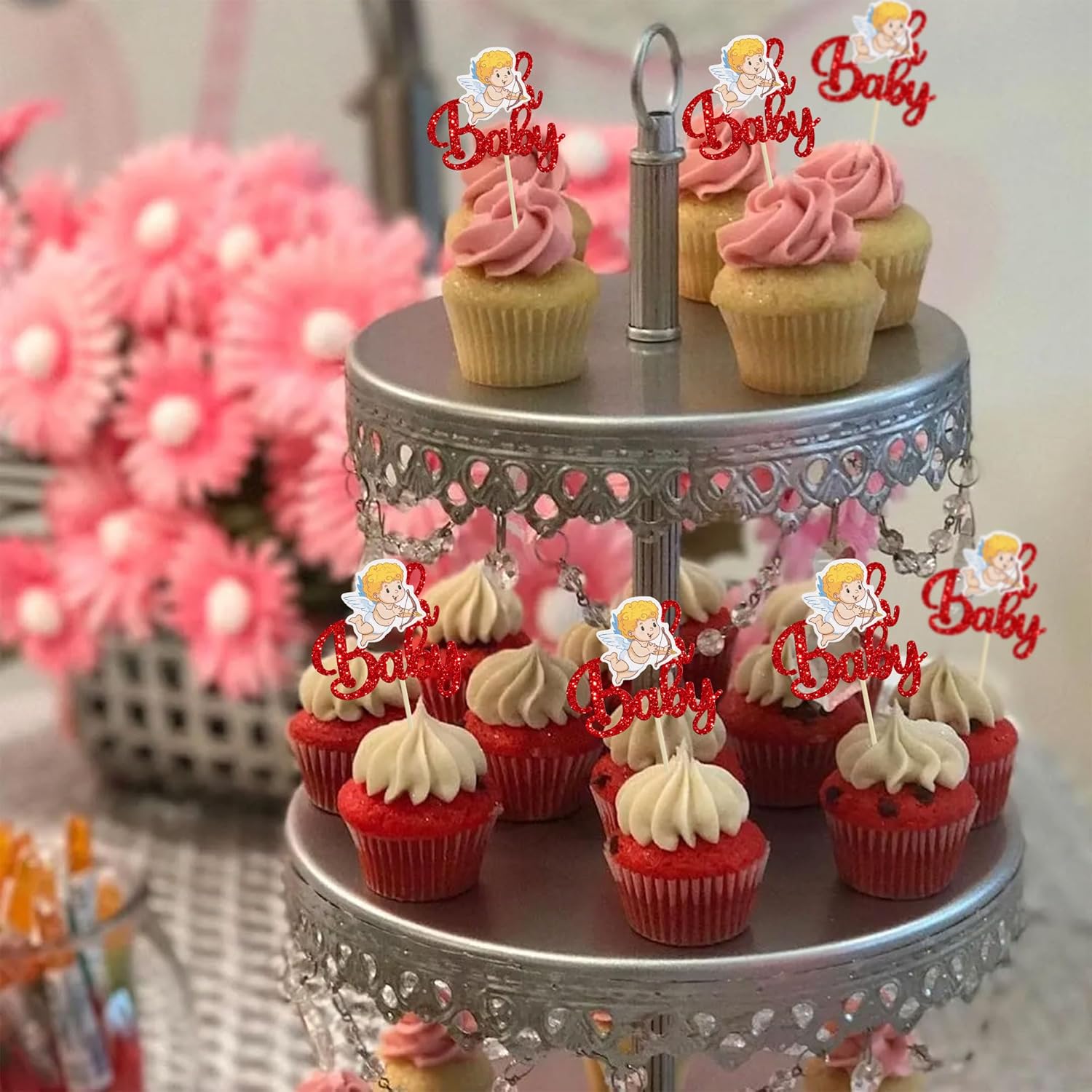 Gyufise 24Pcs Valentine Oh Baby Cupcake Toppers Red Glitter Cupid Babyshower Cupcake Picks Decorations for Valentine's Day Theme Baby Shower Kids Birthday Party Supplies - Image 7
