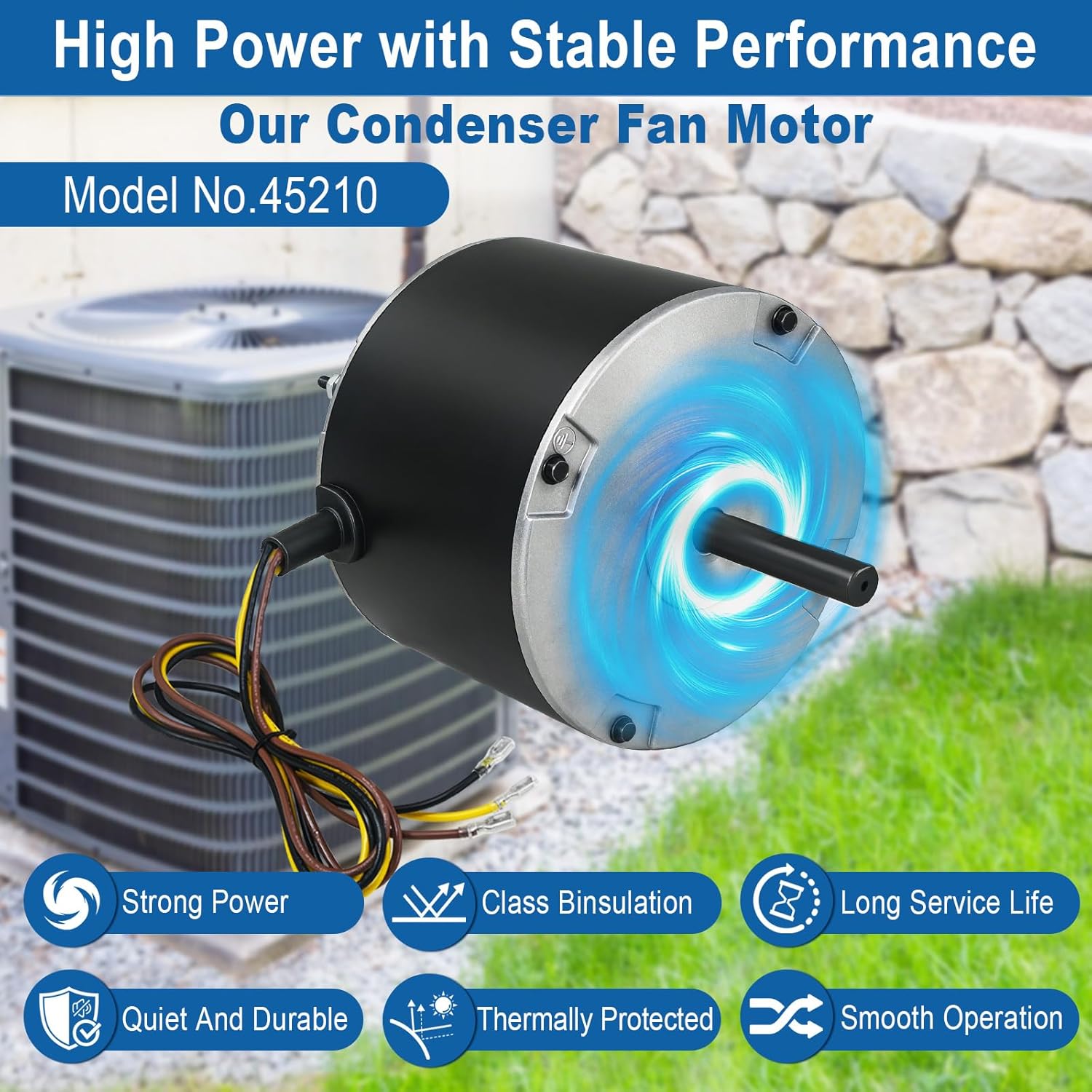 45210 Condenser Fan Motor, 1/5 HP 825 RPM 208-230V AC Condenser Fan Motor Replacement for Carrier Bryant Payne HC37GE210, HC37GE210A, 3S003, 5KCP39GFY917S 5KCP39GFS166S, 6DLL2, 51-23055-12, 622080