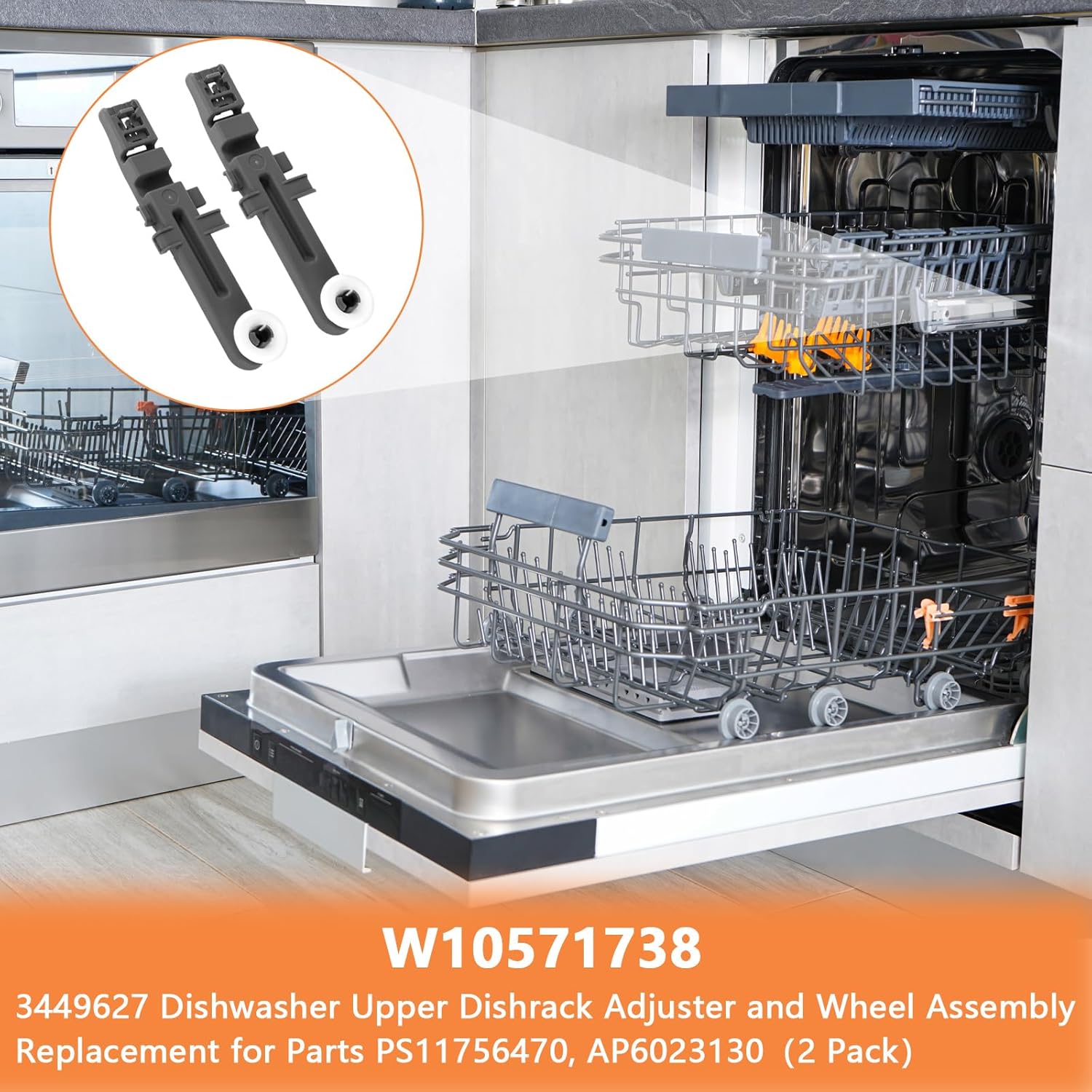 W10571738 3449627 Dishwasher Upper Dishrack Adjuster and Wheel Assembly Replacement for Whirlpool, Maytag, KitchenAid, Magic Chef Dishwasher Replace Parts PS11756470, WPW10571738, AP6023130(2 Pack)