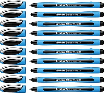 Schneider Slider Memo XB (Extra Broad) Ballpoint Pen, 1.4 mm, Light Blue Barrel, Black Ink, Box of 10 Pens (150201)