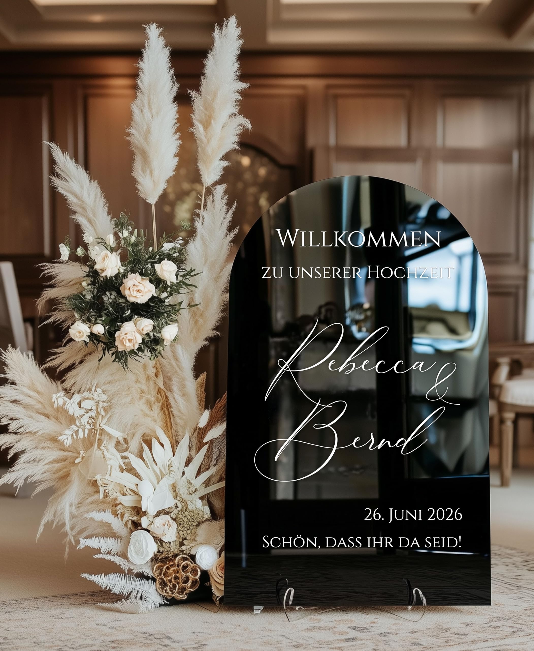 Willkommensschild Hochzeit personalisiert Acrylglas Schwarz Hochglanz – elegante Deko für Empfang, Party & Events – Made in Germany
