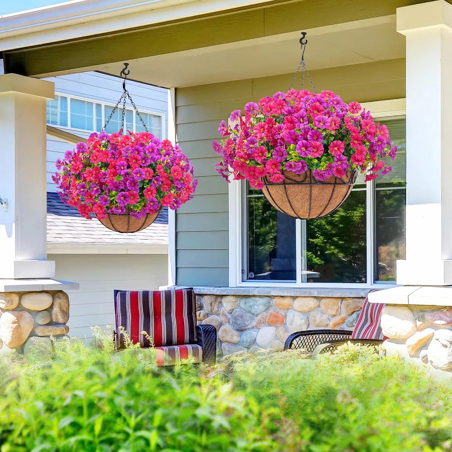 Elyum Artificial Hanging Flowers for Outdoors, Fake Flowers Artificial Petunias Hanging Baskets for Outdoors, UV Resistant Fake Hanging Plants Flowers for Outside Garden Patio Porch Decor