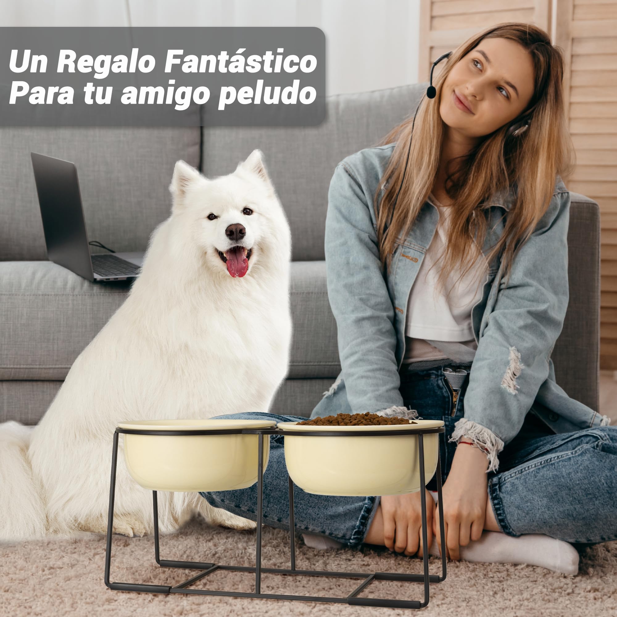 AHX Comedero Perro Elevado Bebedero Perros-Cuenco Perro Doble Ceramica con Soporte Antideslizante-Comederos Elevados para Perros-Set de Bol Comida y Agua para Perros Medianos y Grandes-2 x 1600 ml
