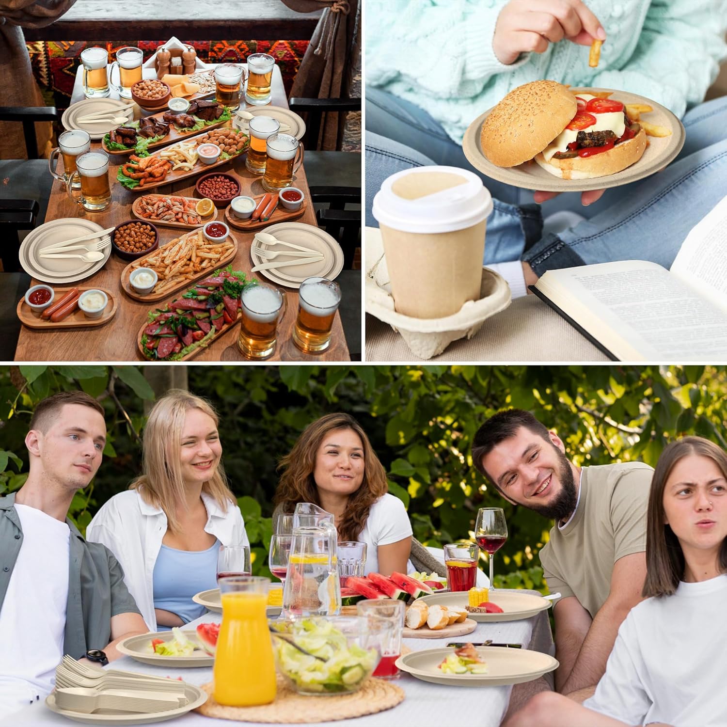 Compostable Paper Plates Set, 250PCS Disposable Heavy-Duty Sugarcane Plate and Eco-Friendly Utensil Biodegradable Dinnerware Plates, Extra Long Forks & Knives & Spoons for Party - Image 3