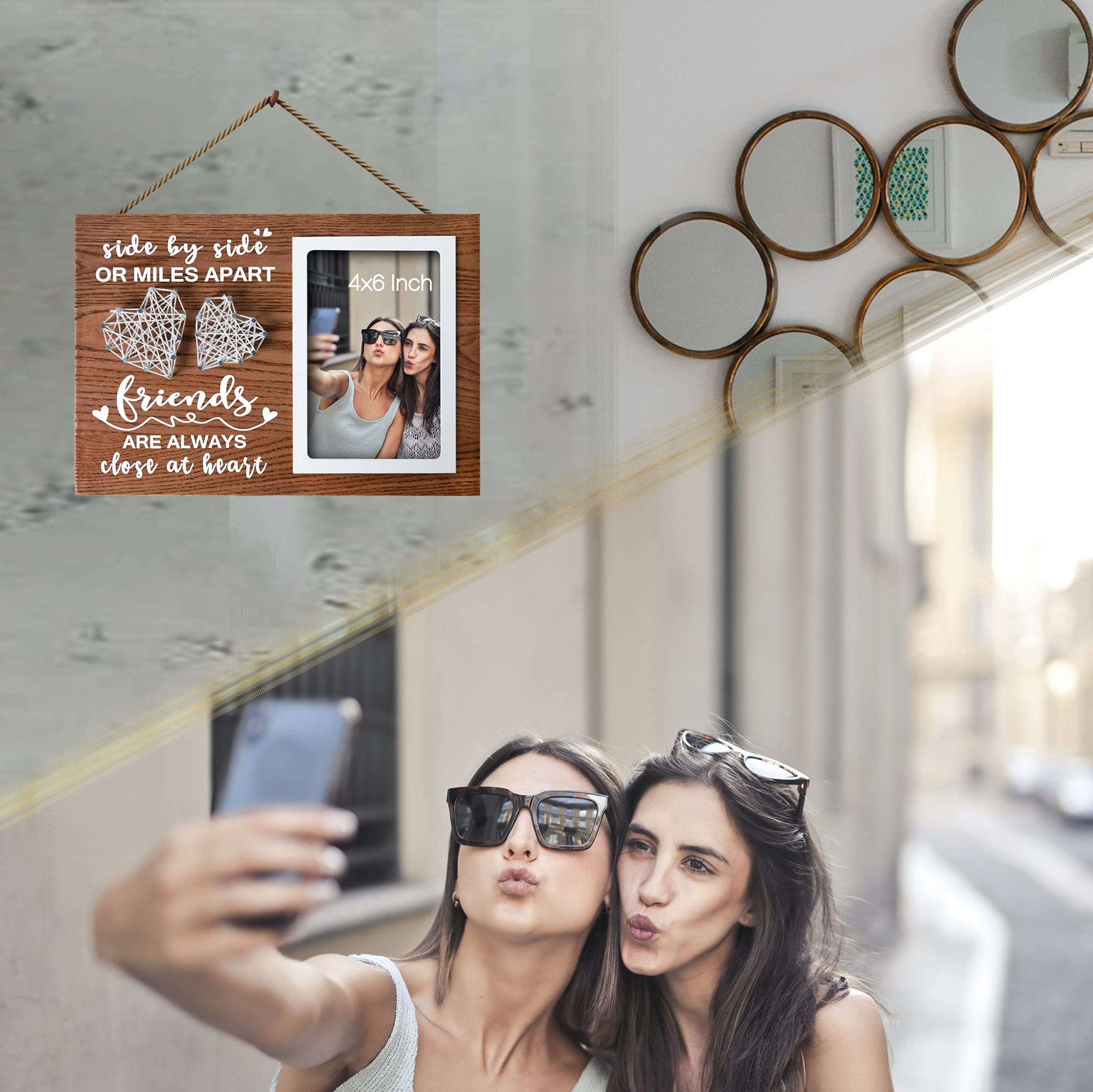 Buecasa Gifts for Best Friends Women Female BFF Sister - Wooden Friends Picture Frame 4x6 Inches with Handmade String Hearts