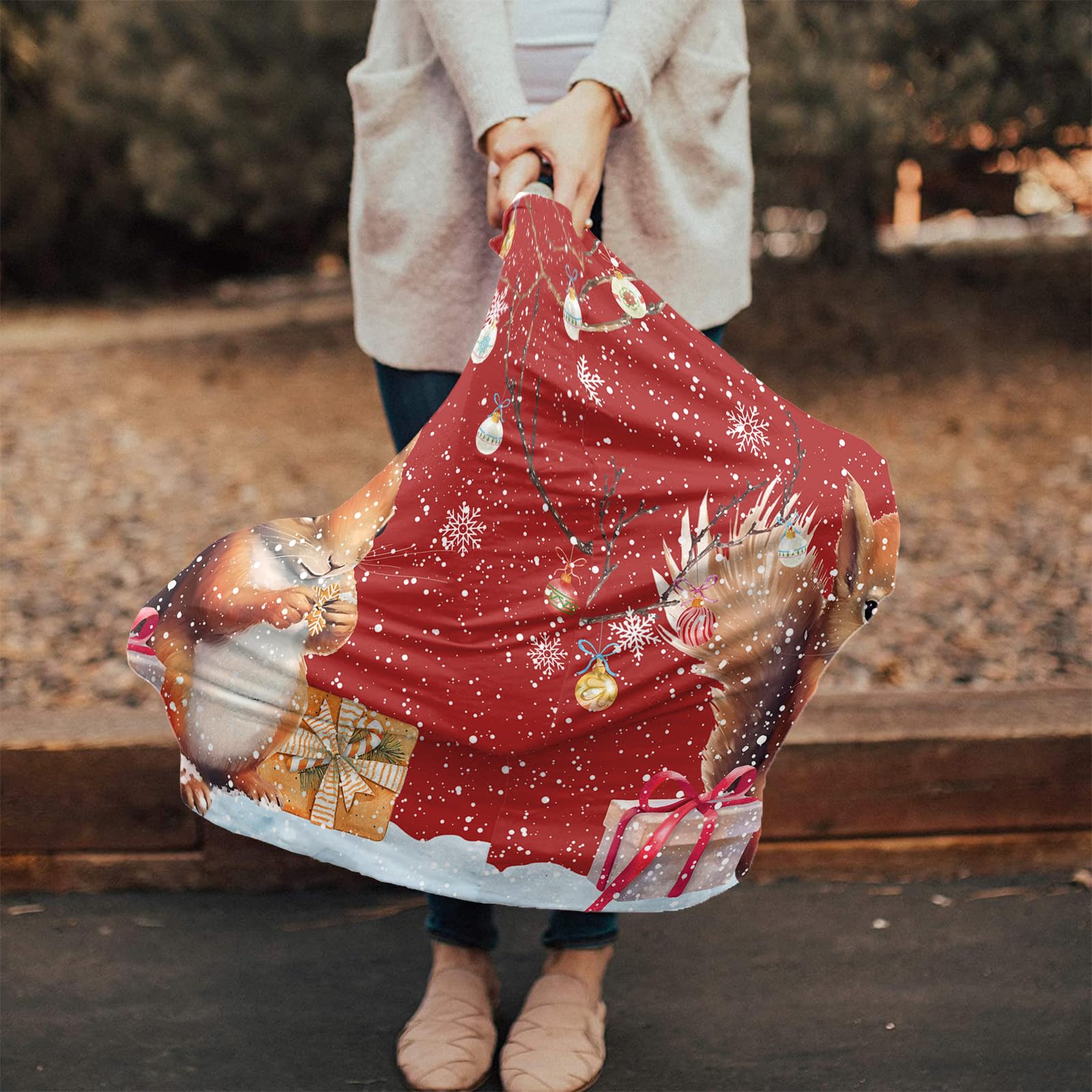 Nursing Cover for Breastfeeding Scarf, Dark Red Decor Balls Box Squirrel Winter Snowflake Baby Car Covers Super Soft Multi Use for Canopy Shopping Cart Cover Blanket Stroller Cover