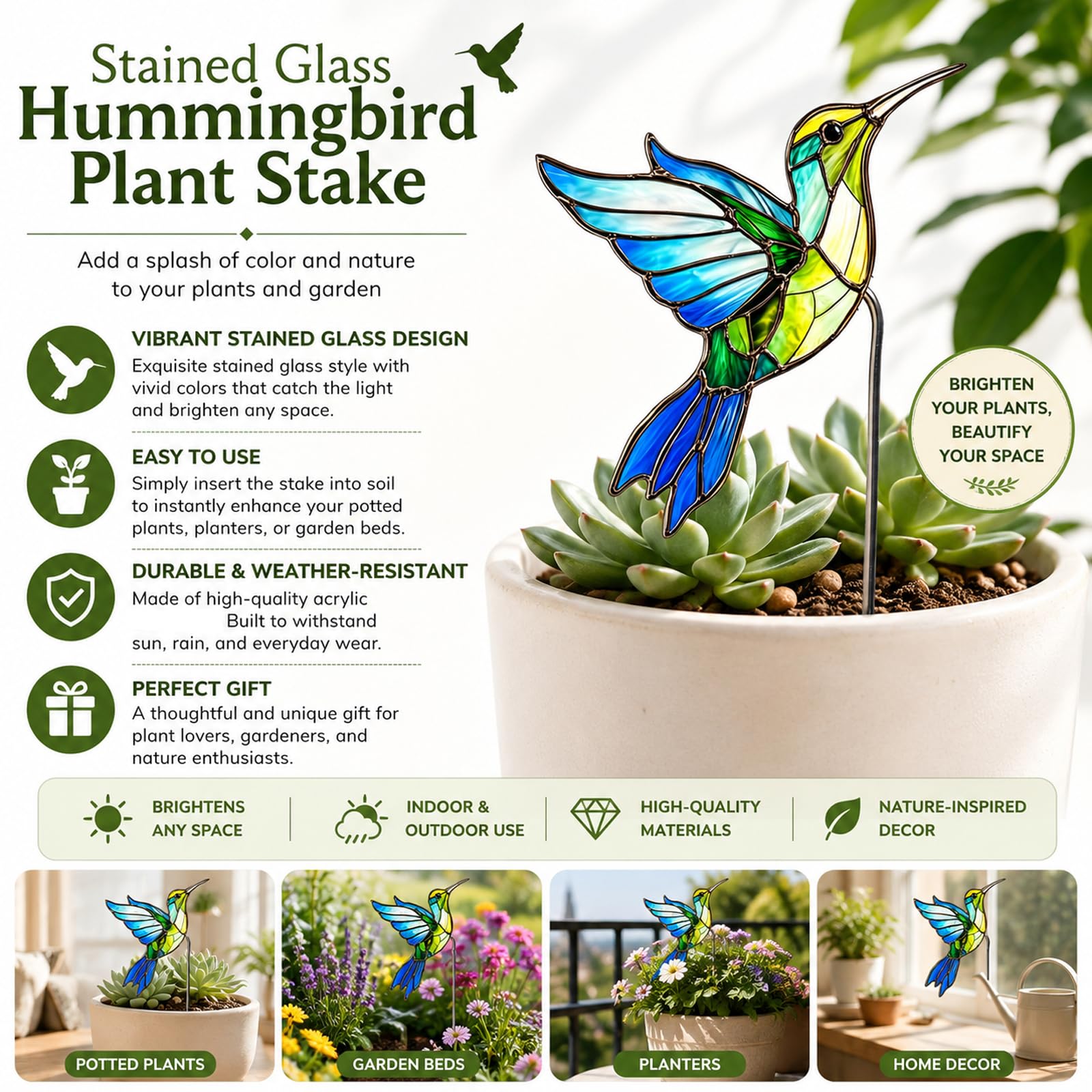 Aqua Blue Hummingbird Plant Decor - Farmhouse Style -3