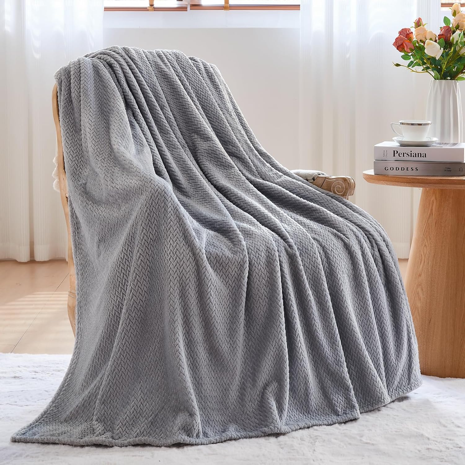 NEWCOSPLAY Super Soft Throw Blanket Grey Premium Silky Flannel Fleece Leaves Pattern Lightweight Bed Blanket All Season Use (Grey, Throw(50"x60")) - Image 4