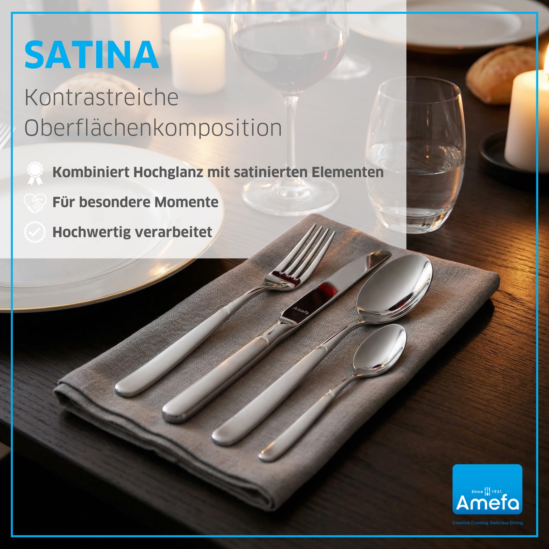 Amefa SATINA Besteck Set 60-teilig, Besteck für 12 Personen, Spülmaschinenfest, Besteck Rostfrei 18/10 Edelstahl, Spezial-Wellenschliff, Gehärteter Klingenstahl