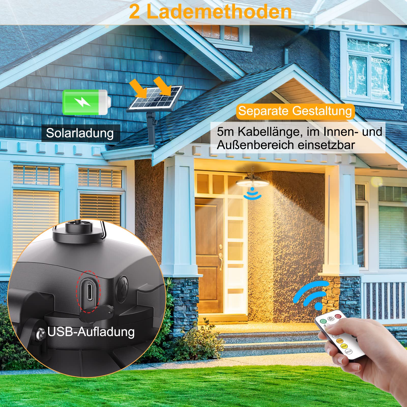 MEIKEE Solarlampen für Außen Innen Solar Hängelampen mit Bewegungsmelder | 76 LED Superhell 5 Modi 2500-6500K 270° Abstrahlwinkel Solar- und USB-Laden Solarleuchten für Pavillons, Garage, Lagerräume