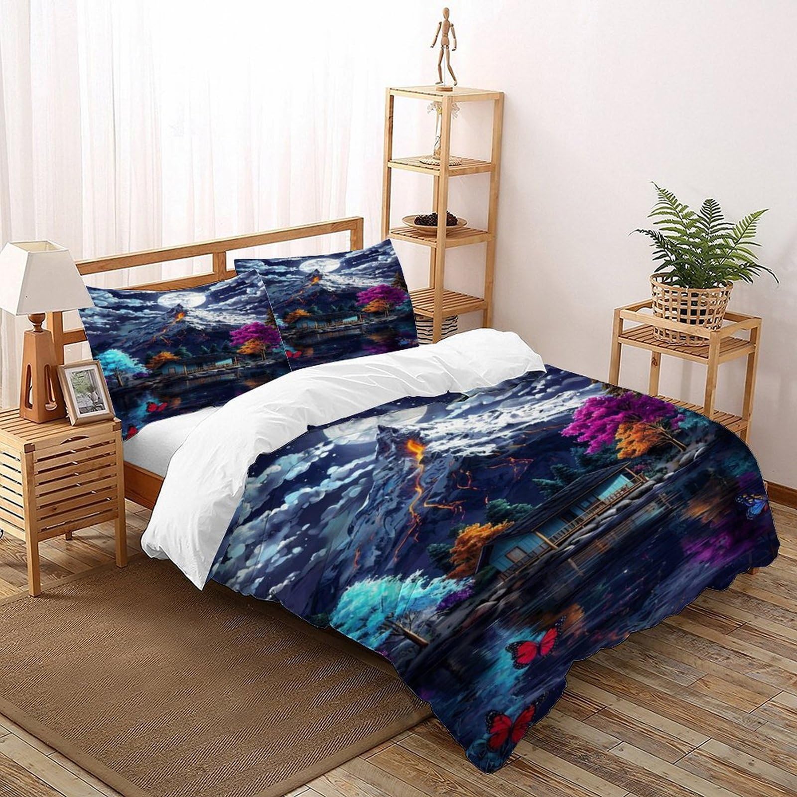 Housse de couette lac de montagne 200x200 3 pièces avec motifs faune sauvage en microfibre