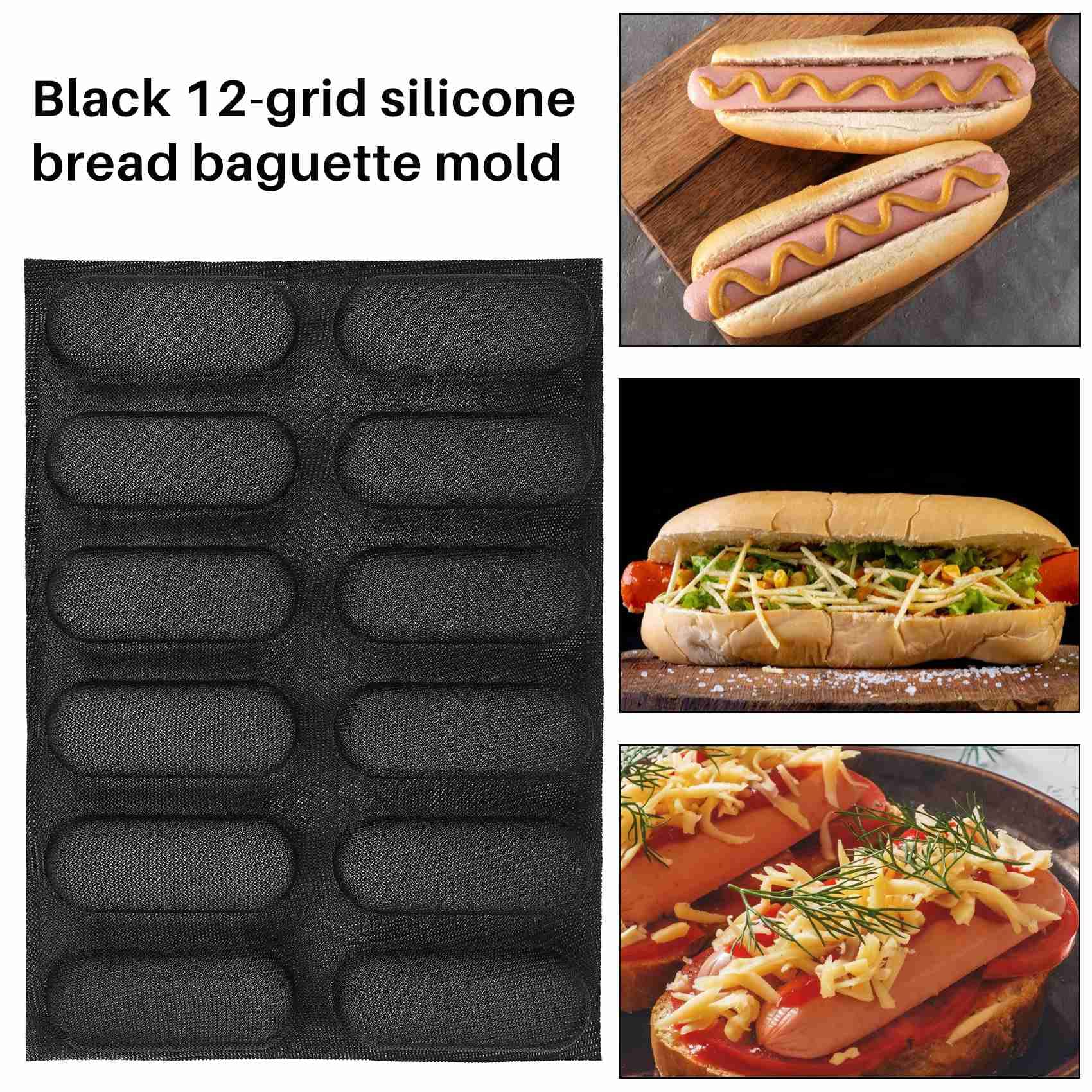 Moule à pain en silicone - Anti-adhésif - Perforé - Moule à pain français - Moule à hot dog - Moule à pain (12 loaf, noir)