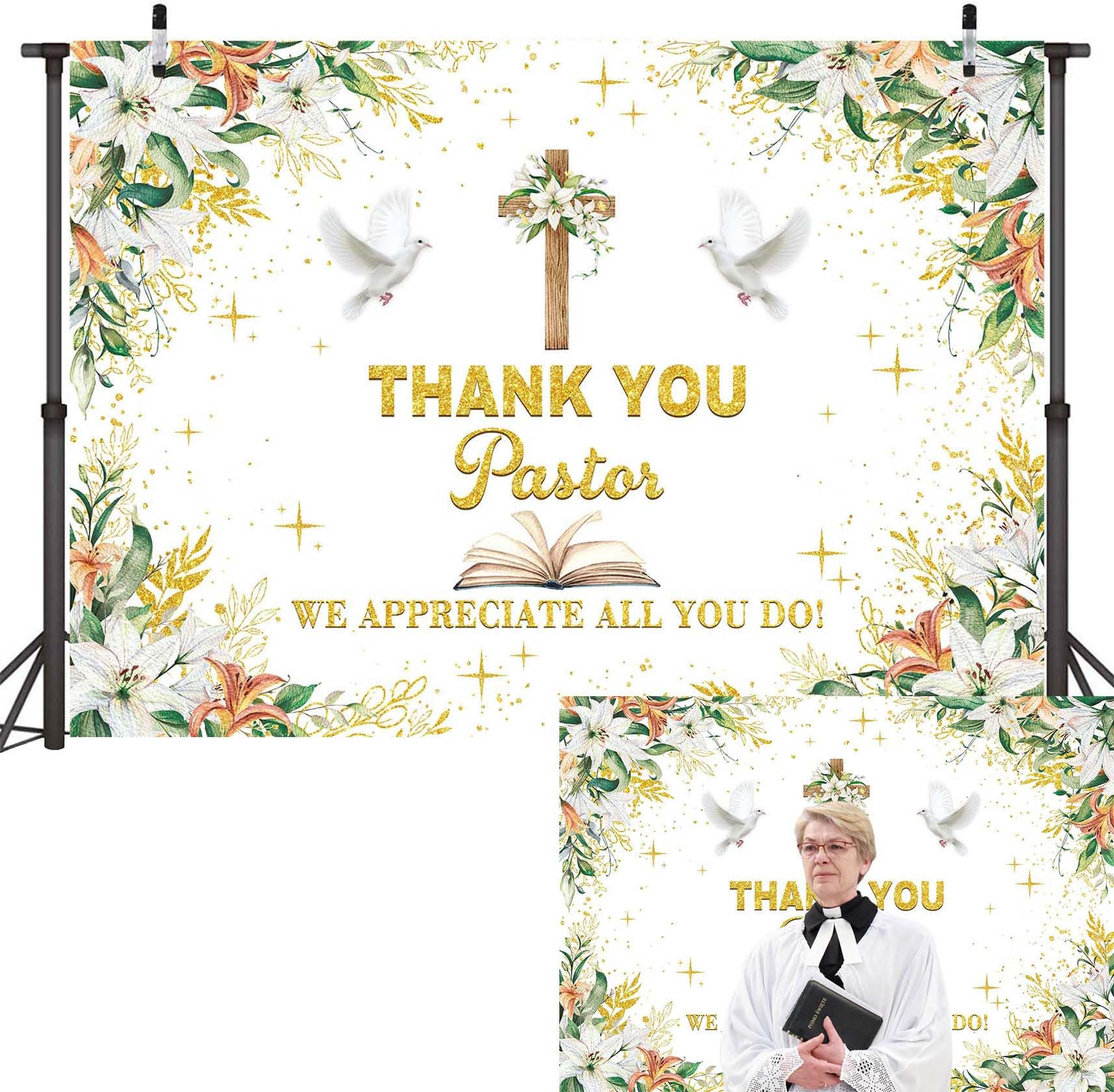 Pastor Appreciation Week Backdrop Banner Thank You Pastor Photography Background Church Anniversary Appreciation Month Party Decorations Photo Booth Props (2.4x1.8m)