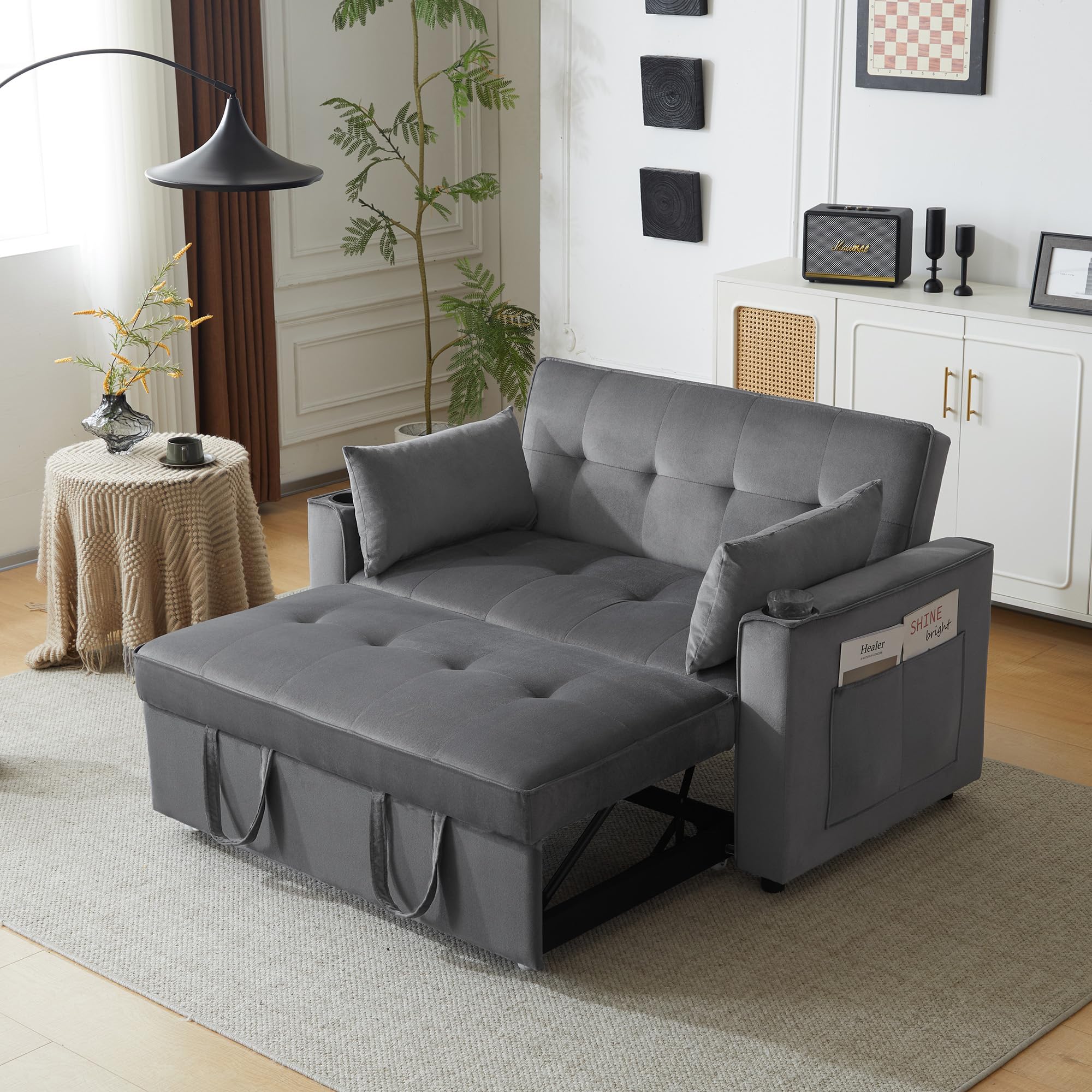 Schlafsofa Klappsofa 2-Sitzer Couch Multifunktion Samt Getränkehalter Kissen