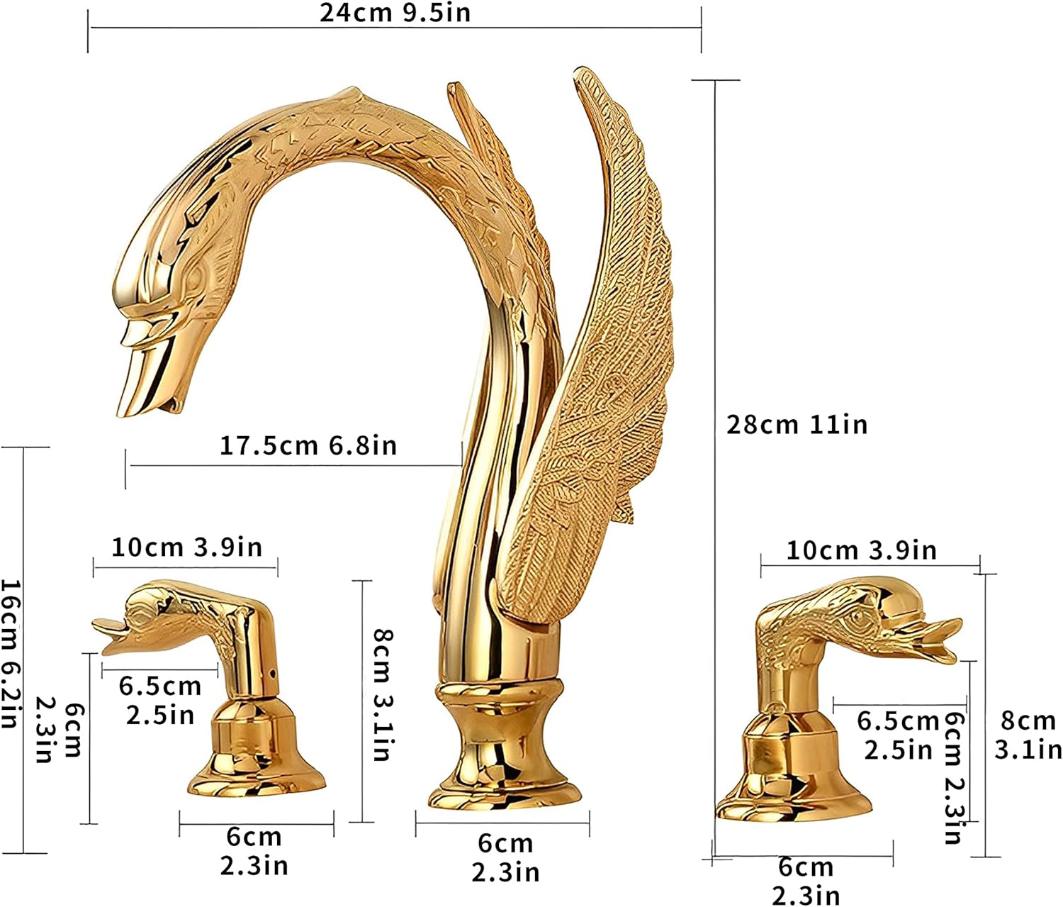 Golden Gold Ornate Swan Style Bathroom Sink Faucet Combo Deck Mount Sink Mixer Tap Set Hot Cold Water