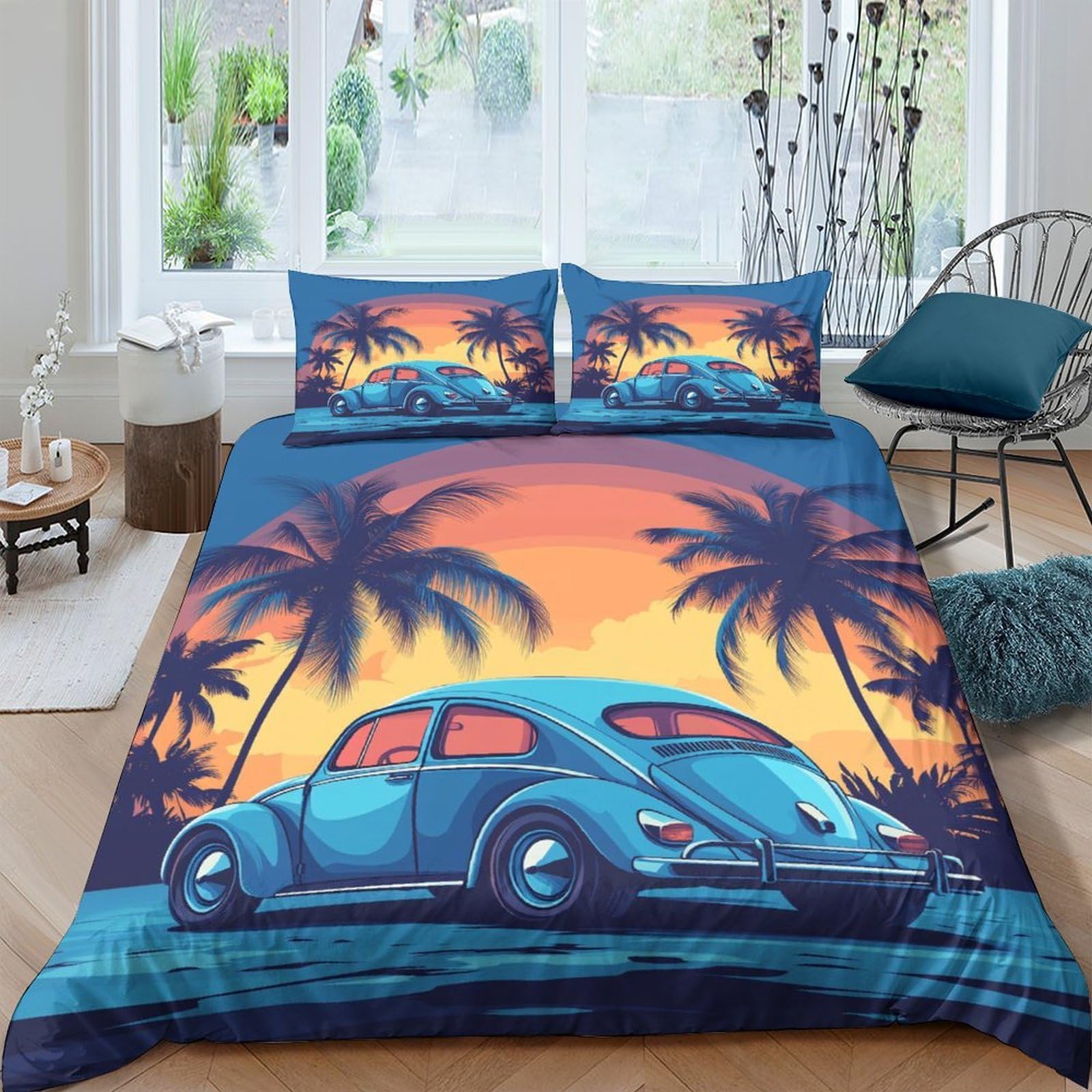 Ctjqhvkz Style-8 3D Printed Vintage Blue Car Fitted Sheet Microfiber Anti-Slip Sunset Palm Mattress Cover Decor For Bedroom Guestroom Single（135X200cm）
