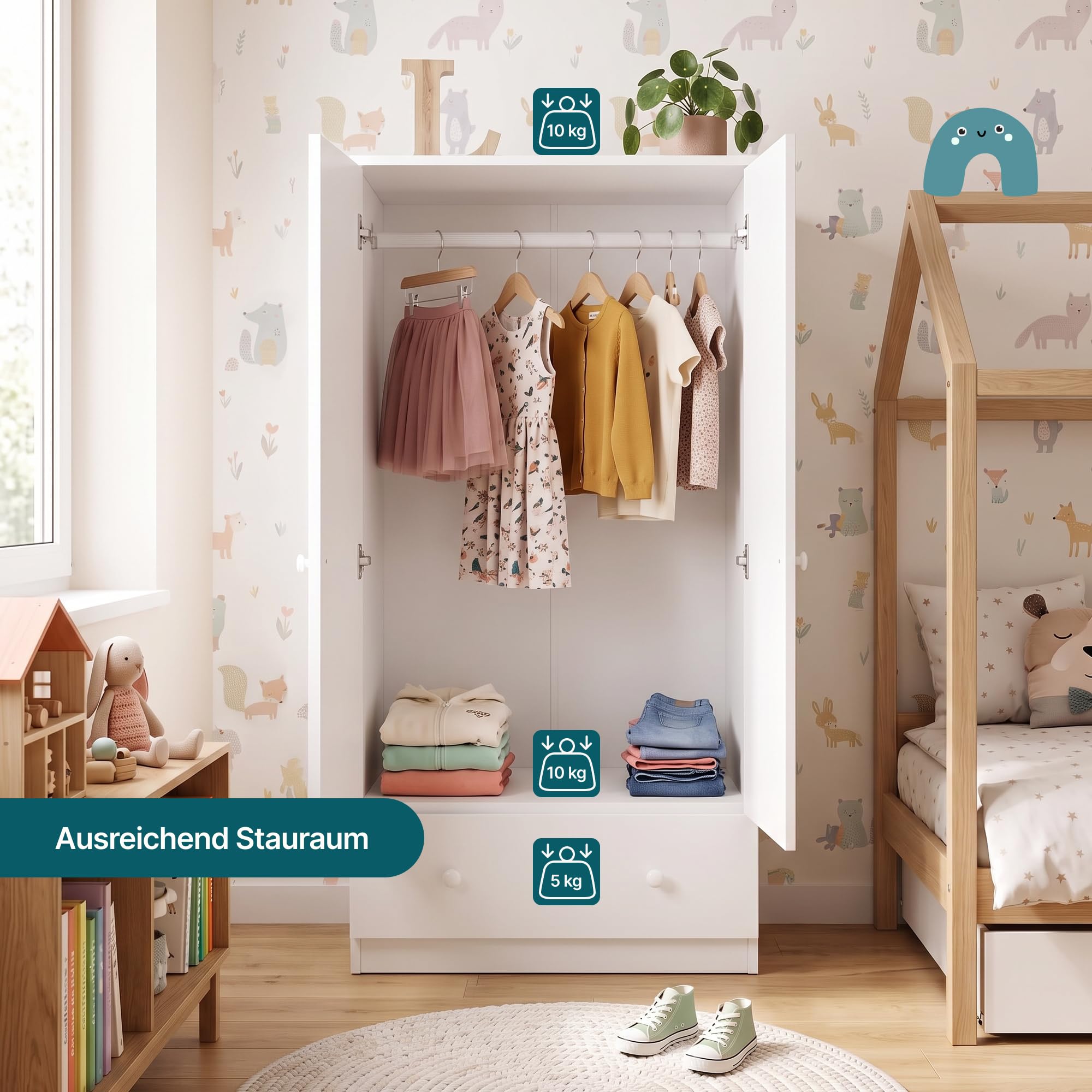 [en.casa] Kleiderschrank Kinder Beldinupp 123x60x40 cm Schublade Weiß