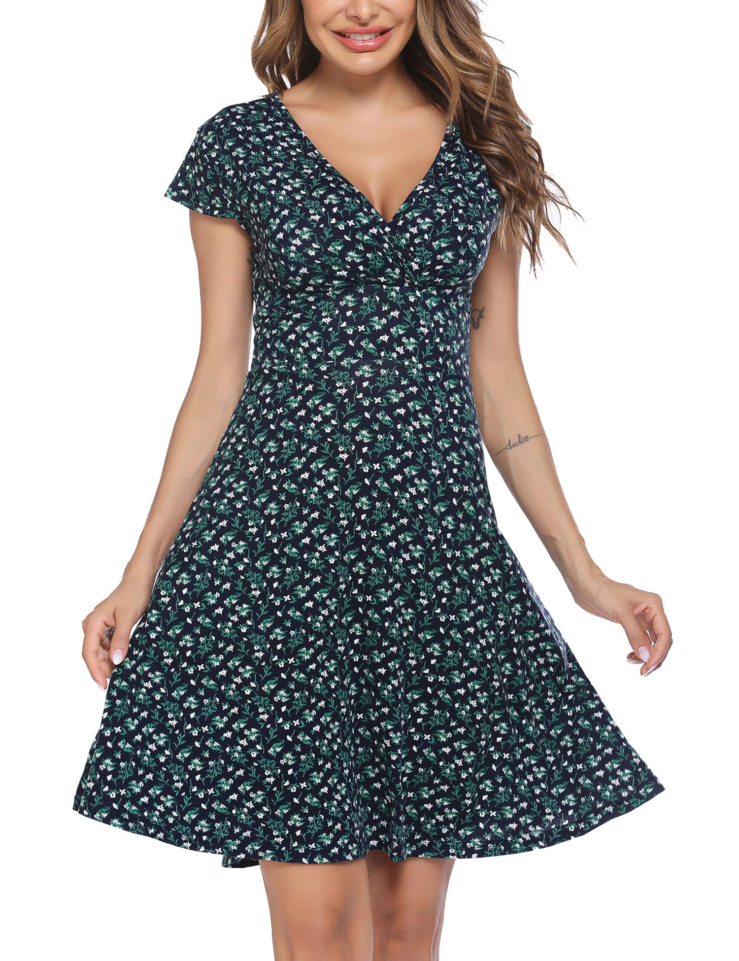 Beyove Sommerkleid Damen Knielang V-Ausschnitt Blümchenkleid A Linie Kurzarm Jerseykleid Floral Sommer Wickelkleid Strandkleid