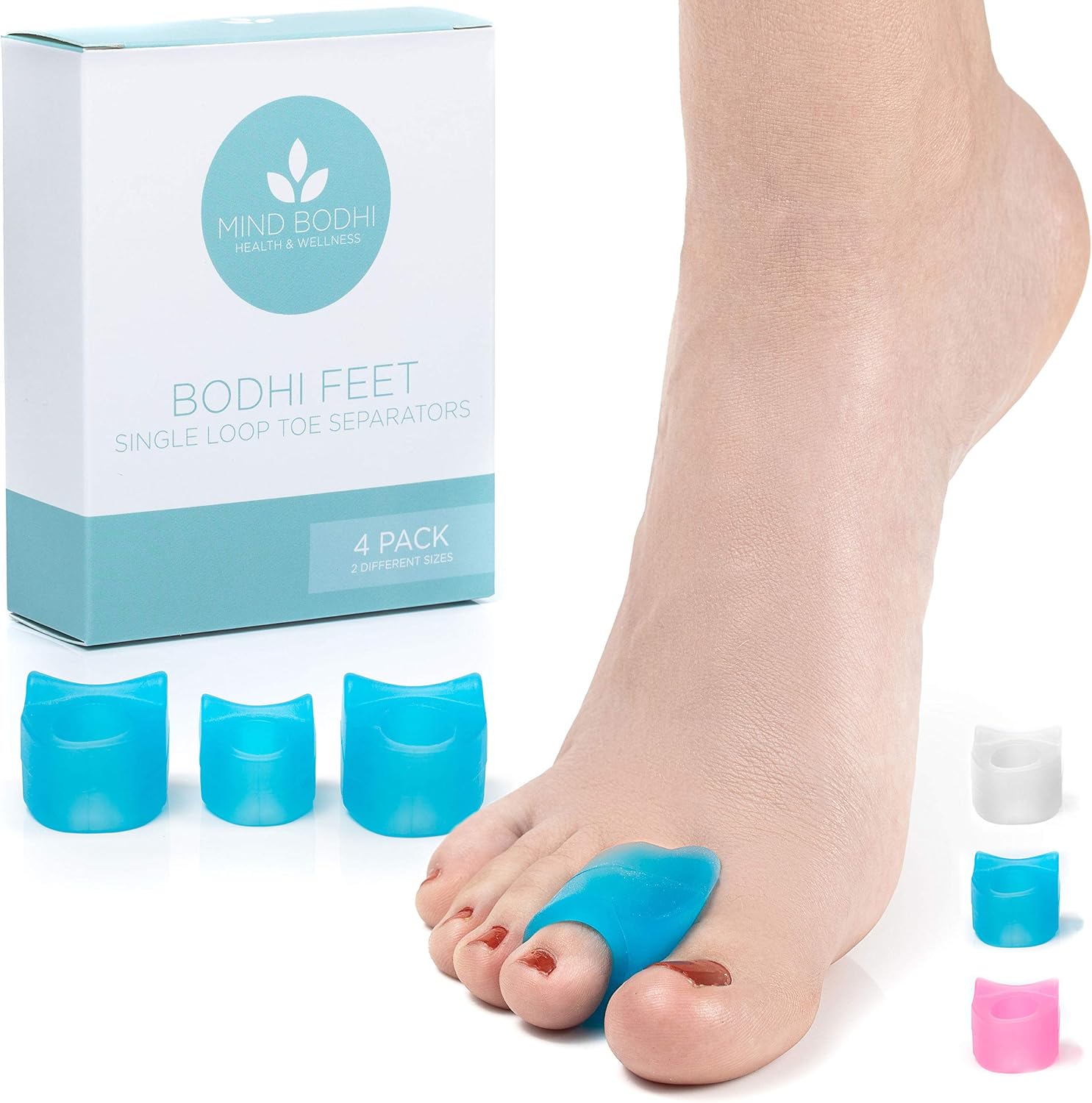 Mind Bodhi Toe Separators 4-Pack (Small and Large) to Cushion The Big Toe and Prevent it from Drifting Inwards (Toe Spacers Toe Spreader Toe Straightener Bunion Corrector Toe Stretcher) - Blue