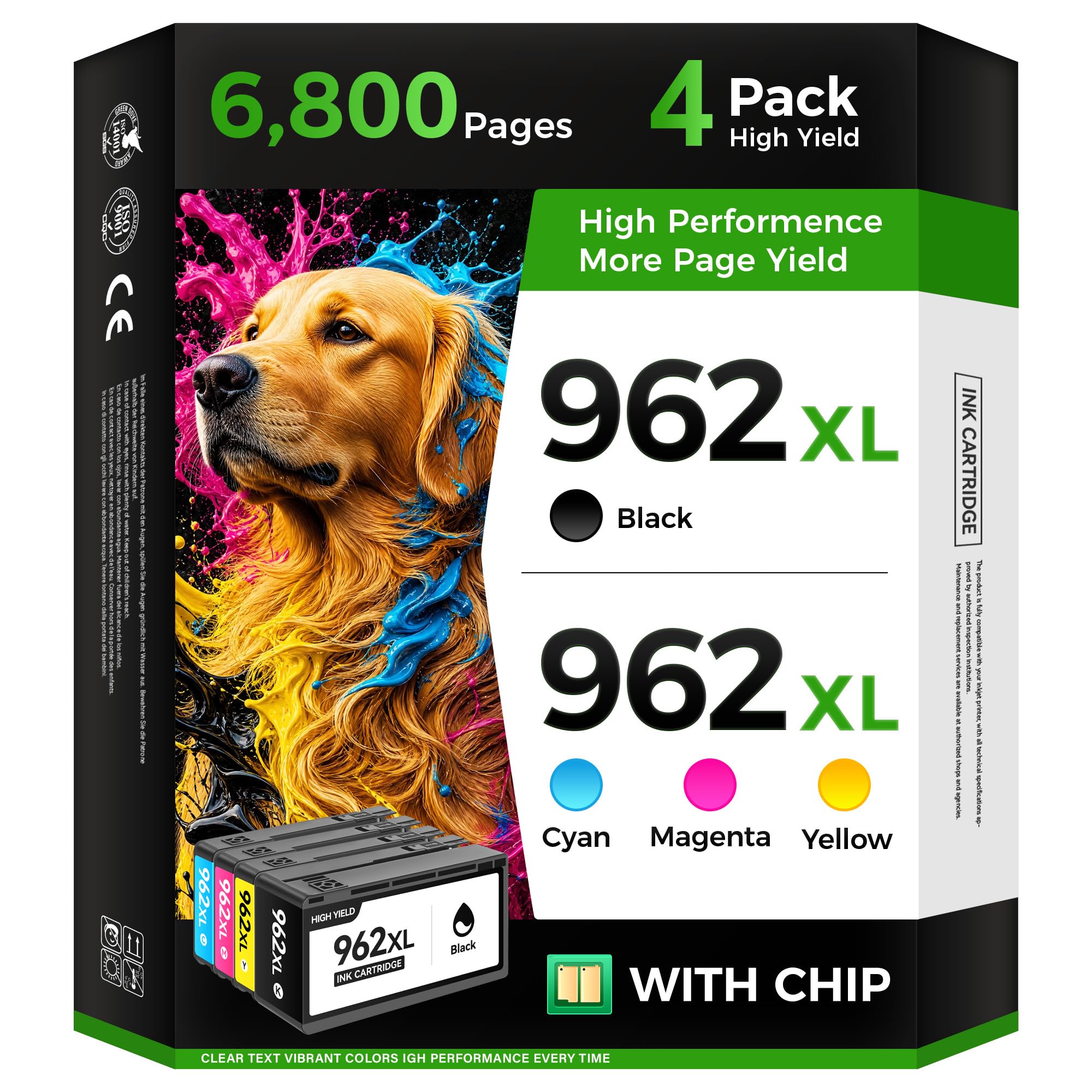 962XL Ink Cartridges Combo 4-Pack High Yield Replacement for HP 962 962XL Ink Compatible with OfficeJet 9012 Pro 9010 9014 9015e 9016 9018 9019 9020 9022 9025 9028e Printers Black Cyan Magenta Yellow