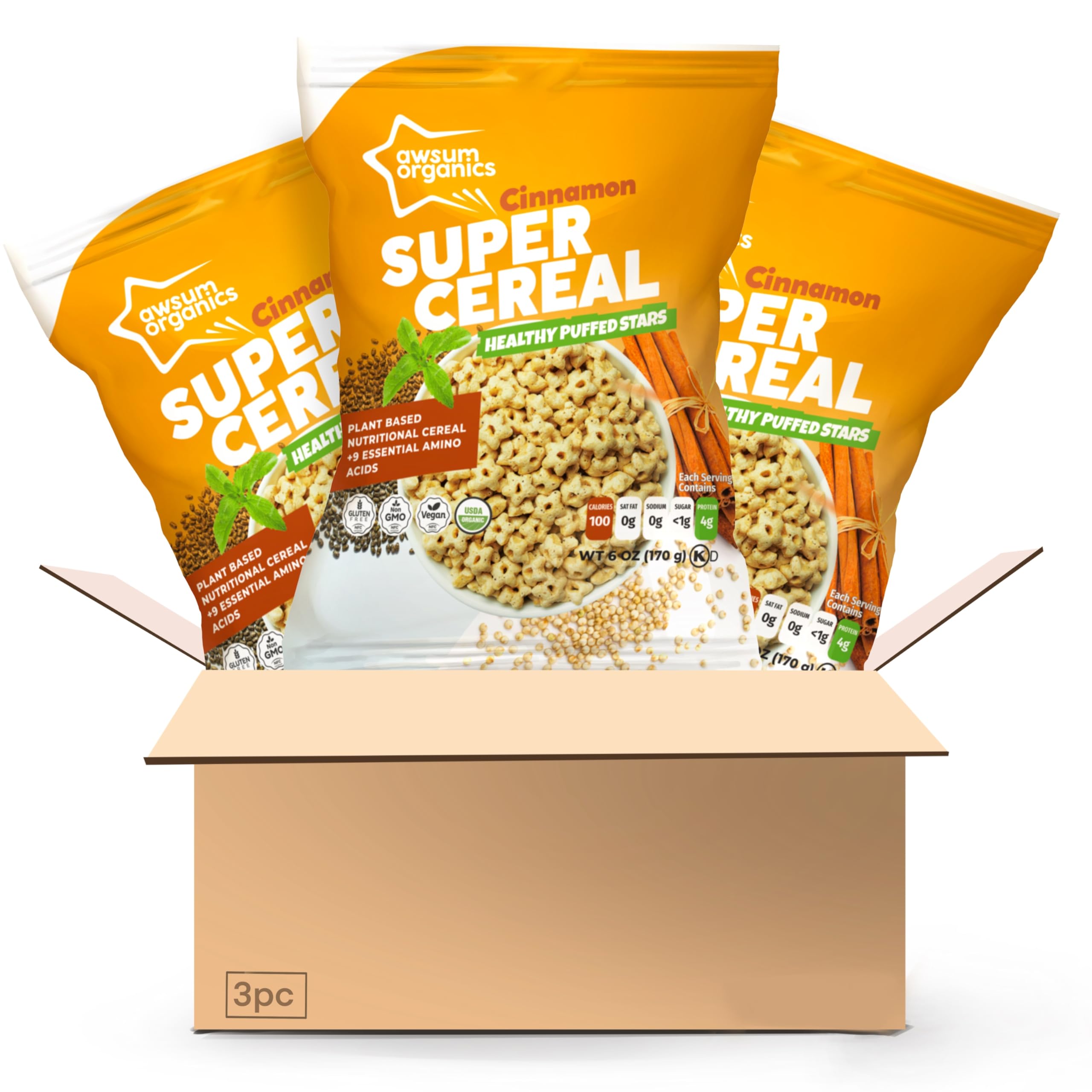 Awsum Snacks Organic Quinoa SUPERCEREAL with Cinnamon & Chia Seeds 3 Pack - Healthy Breakfast Cereal - Sugar Free, Kosher Grain & Gluten Free Cereals Snack - Vegan Diabetic Grocery Foods