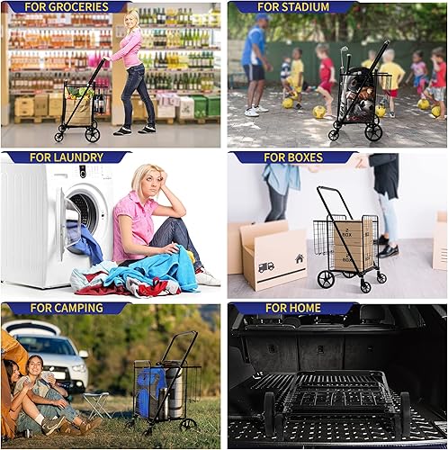 Miniatura 8 de BIEAMA Carrito de compras plegable, carrito de comestibles, capacidad de 450 libras, carrito utilitario con ruedas giratorias giratorias de 360,