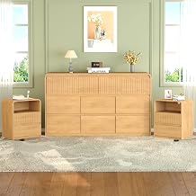 8 Drawer Dresser and Nightstand Sets 3-Piece, 55" Wide Mid Century Modern Dresser & Nightstand Set of 2 with Curved Profile Design, Wood Chest of Drawers Cabinet Set for Living Room, Hallway, Oak