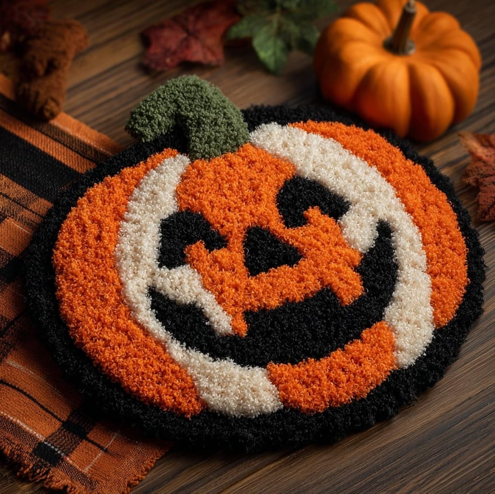 WallustrioaW Latch Hook Rug Kits for Adults Kids,Pumpkin,Latch Hook Cushion Kits,DIY Yarn Cushion Crochet for Home Decoration,50x50cm