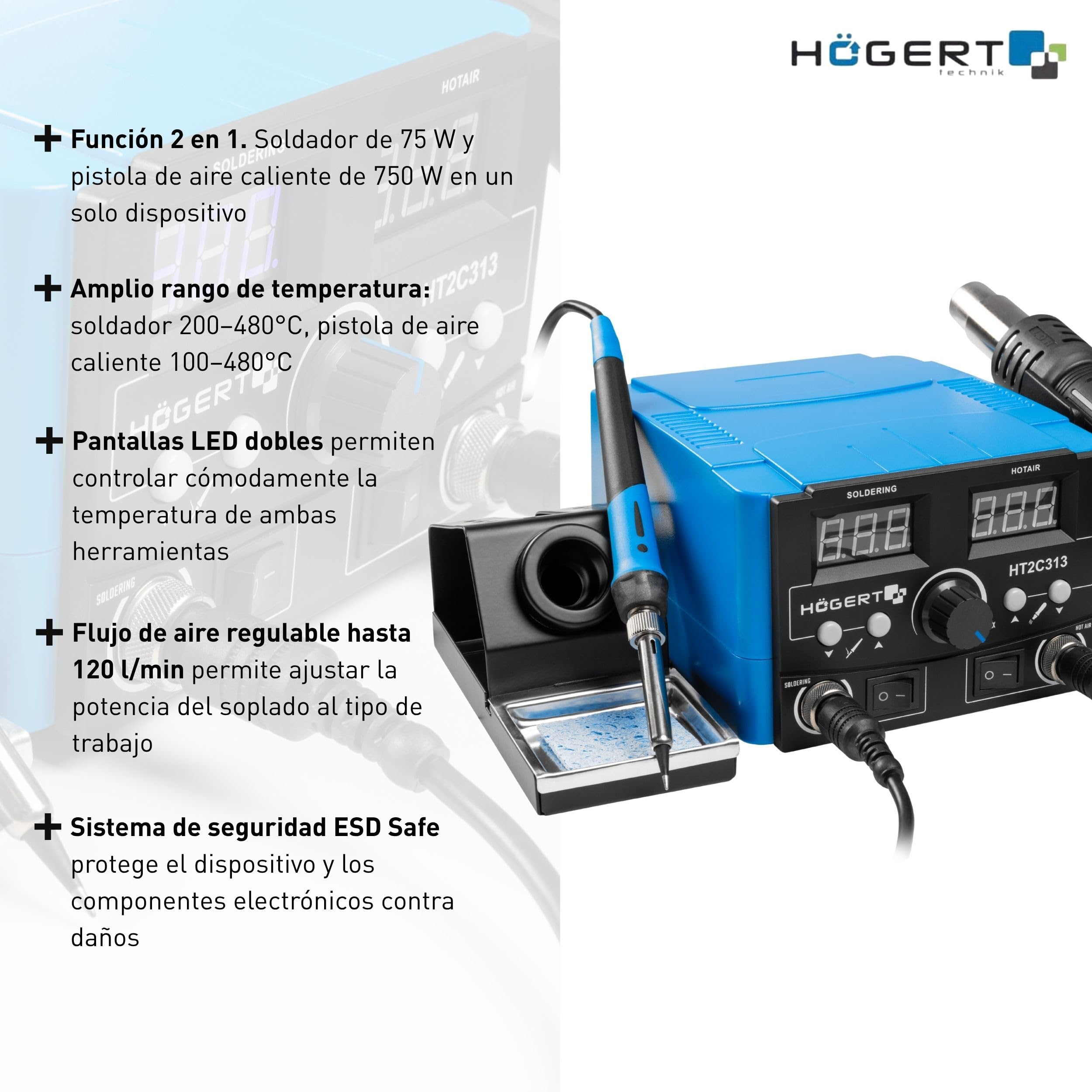 HÖGERT TECHNIK - Estación de soldadura 2 en 1 75W con pistola de aire caliente 750W, control digital de temperatura, pantalla LED, segura para ESD, para reparaciones de SMD y BGA