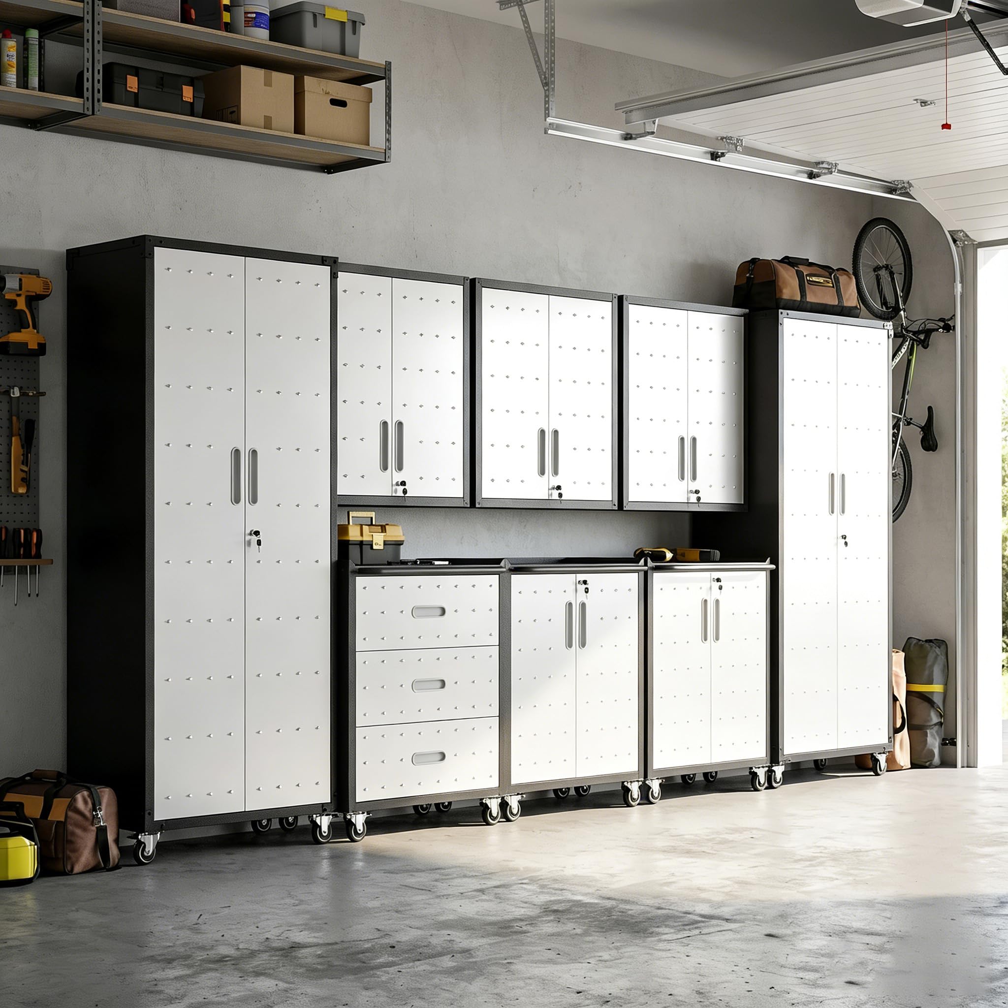 Garage Cabinet System | Heavy Duty Steel All-in-One Modular Garage Cabinet Set for Ultimate Workshop Organization | Easy Assembly Garage Storage Cabinets &amp; Tool Bench
