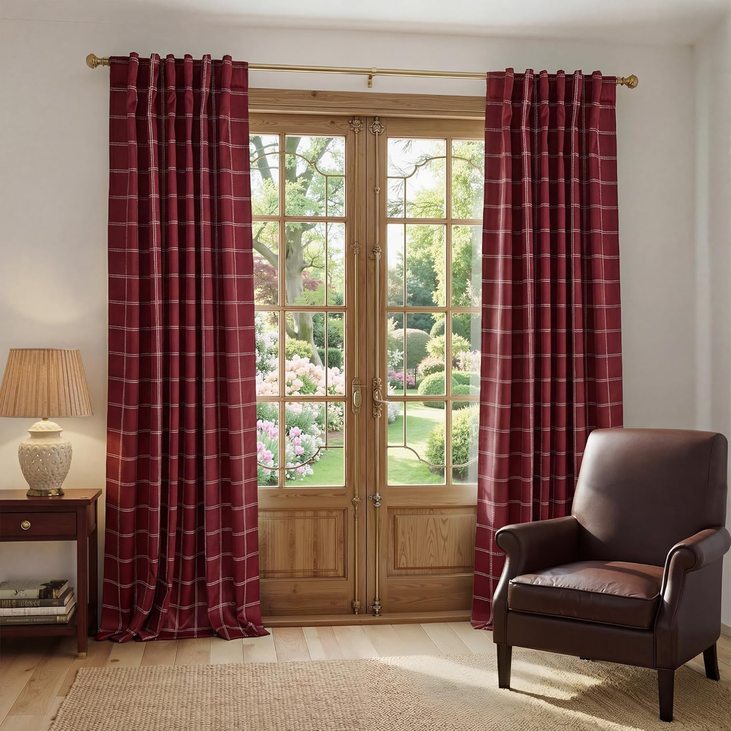 NICETOWN 100% Blackout Red Plaid Farmhouse Curtains 84 Inch Long 2 Panels Set for Living Room Checkered Drapes Thermal Insulated Privacy Protection Rod Pocket Back Tab, 52" W
