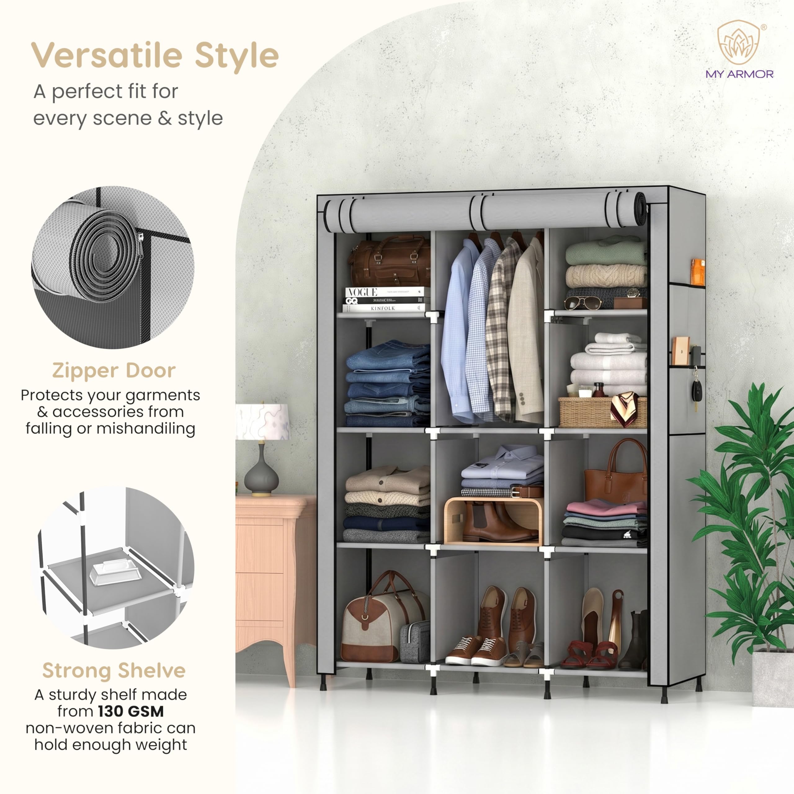 MY ARMOR 3-Door Foldable Wardrobe for Clothes, Wardrobe for Storage, Multipurpose Collapsible Fabric Wardrobe Organizer for Clothes, ABS Plastic, Fabric Cupboard - 12 Shelfes Cabinet Rack 1