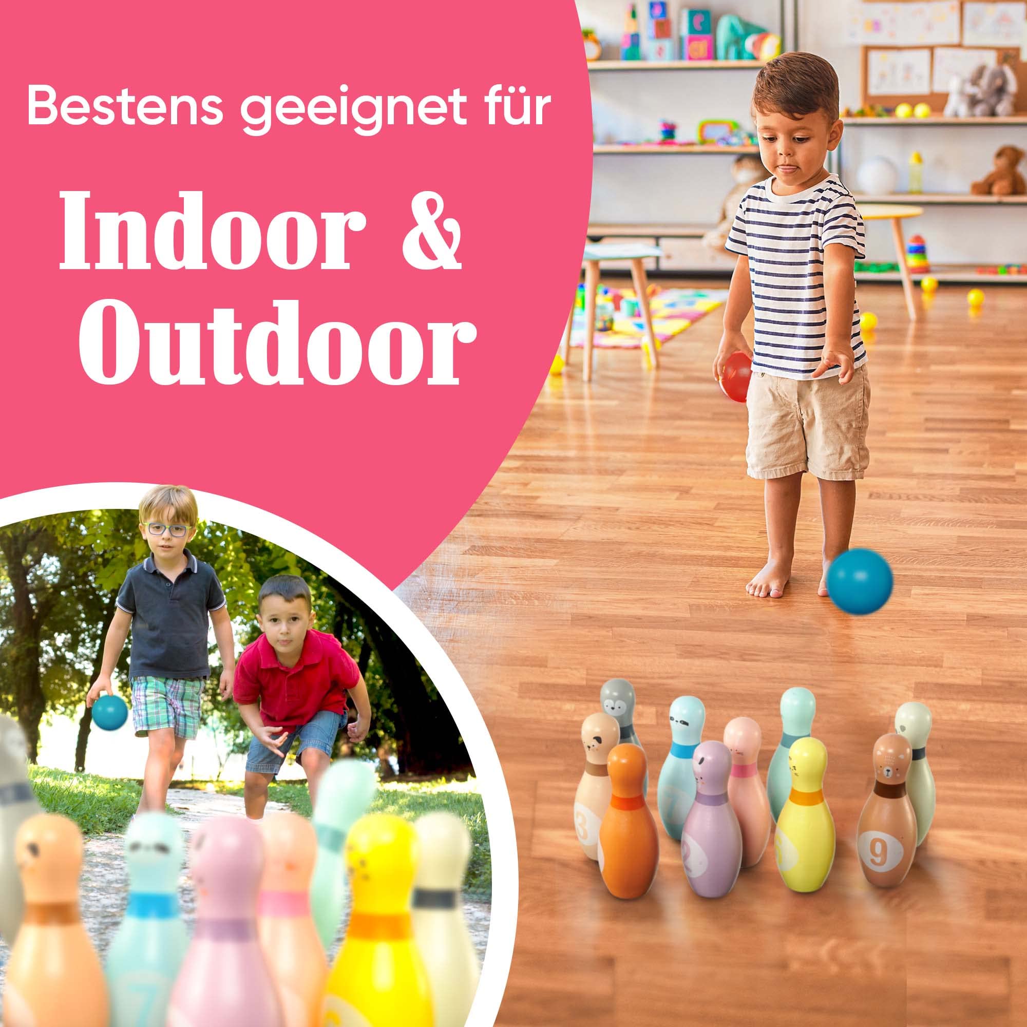 Pink Papaya Kegelspiel für Kinder | 12 teiliges Bowling Set | Spielzeug aus Holz | Outdoor & Indoor Spielzeug | schult & fördert Ihr Kind