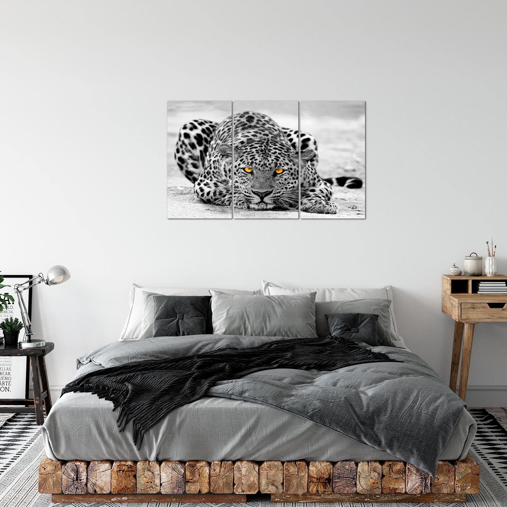 Runa Art África Leopardo Cuadro Decorativo para Sala XXL Amarillo Gris Grandes Felinos 120 x 80 cm 3 Piezas Decoración de Pared 000331a
