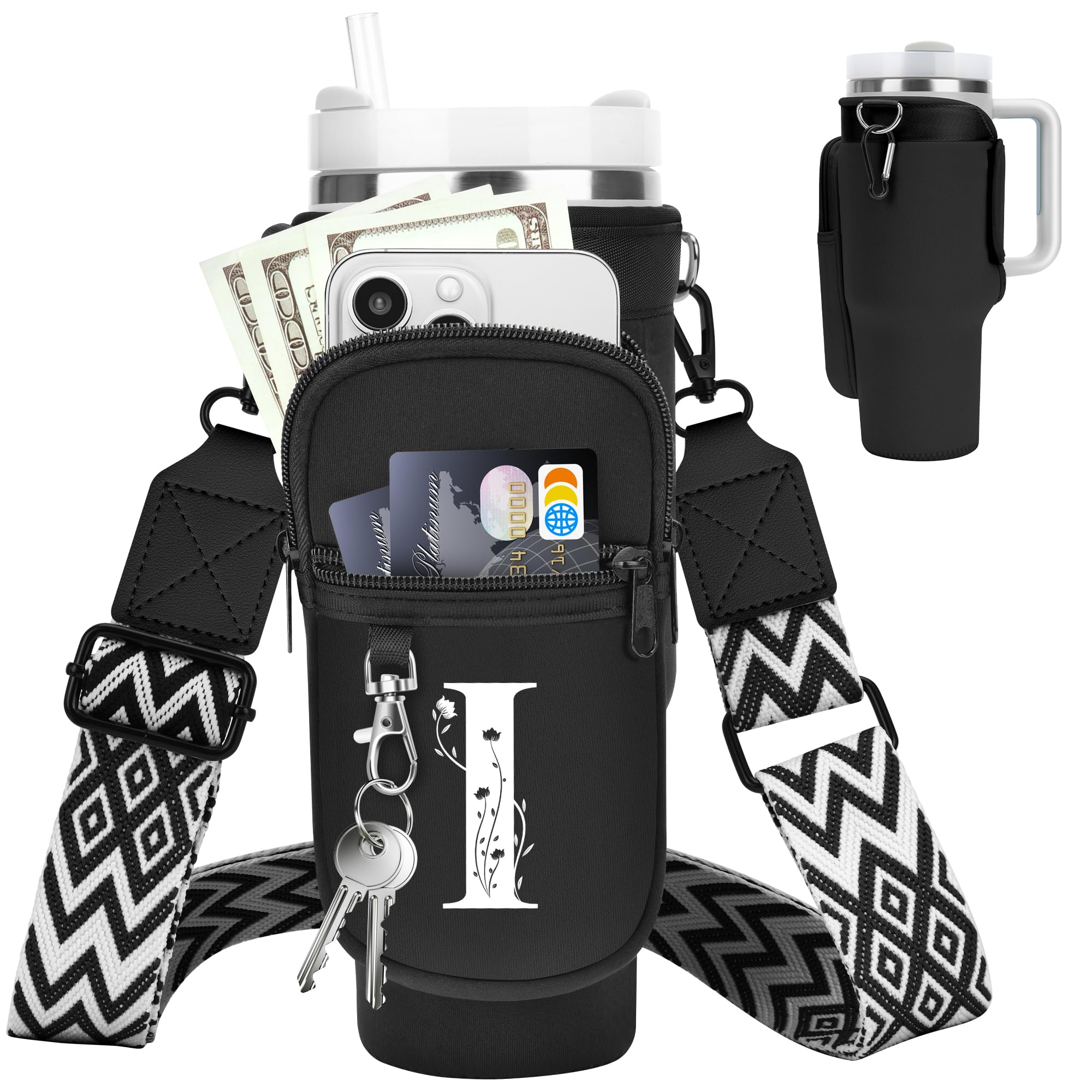 LOKASS Initial Water Bottle Holder with Strap for Stanley Cup 40 oz Tumbler, Personalized A-Z, Water Bottle Carrier Bag with Phone Pocket & Carabiner