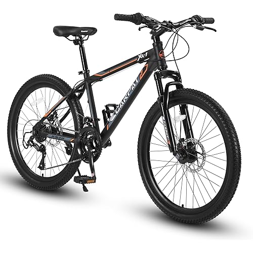 24/26 Inch Mountain Bike, 21 Speed Mountain Bicycle with High Carbon Steel Frame, Dual Disc Brakes and Front Suspension, MTB Bike for Adult Teenagers Boys Girls