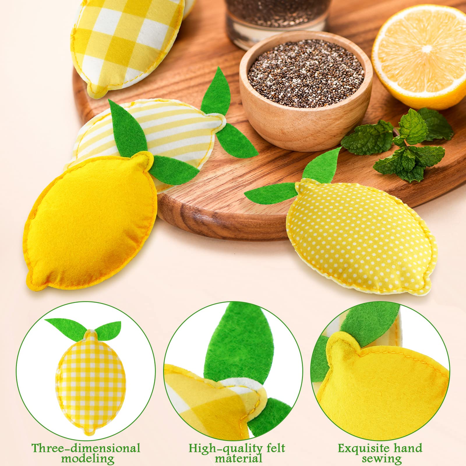 12 Pcs Lemon Tiered Tray Decor Summer Stuffed Fabric Decoration 5