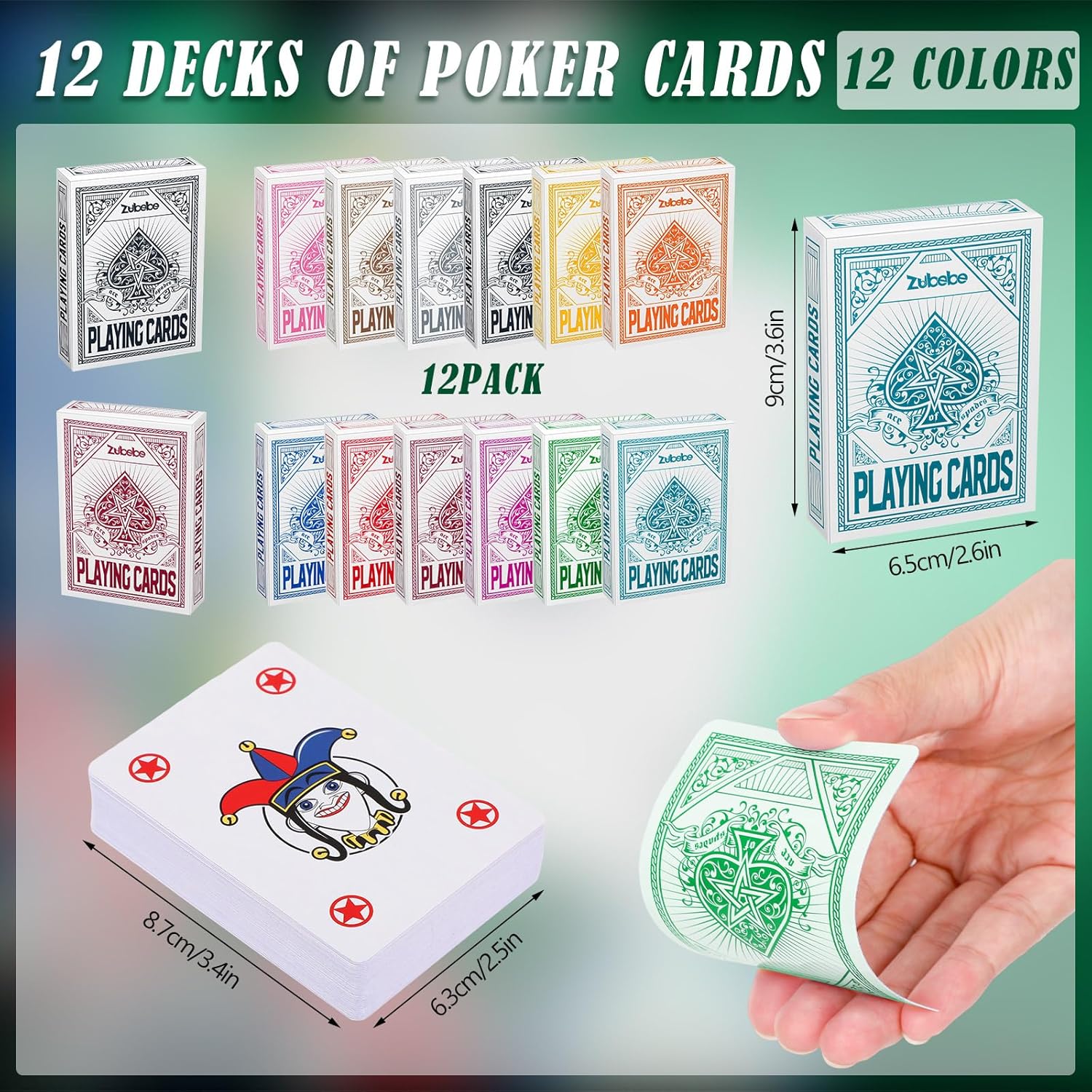 Zubebe 12 Pcs Pack Playing Cards Sets with 12 Colors Deck of Cards Bulk Jumbo Index in Poker Size Standard Playing Poker Decks for Nertz Card Game Activities Family Game Card Night Party Supplies