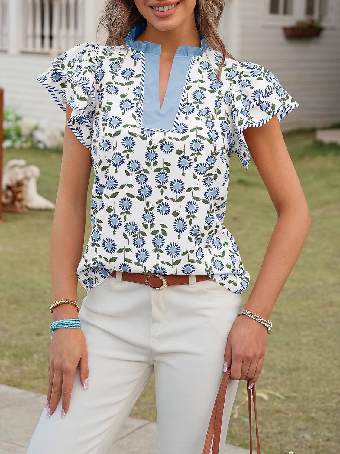 Tankaneo Womens Ruffle Sleeve Floral Blouses Summer Dressy Casual V Neck Tops Loose Fit Pleated Flowy Shirts - Image 4