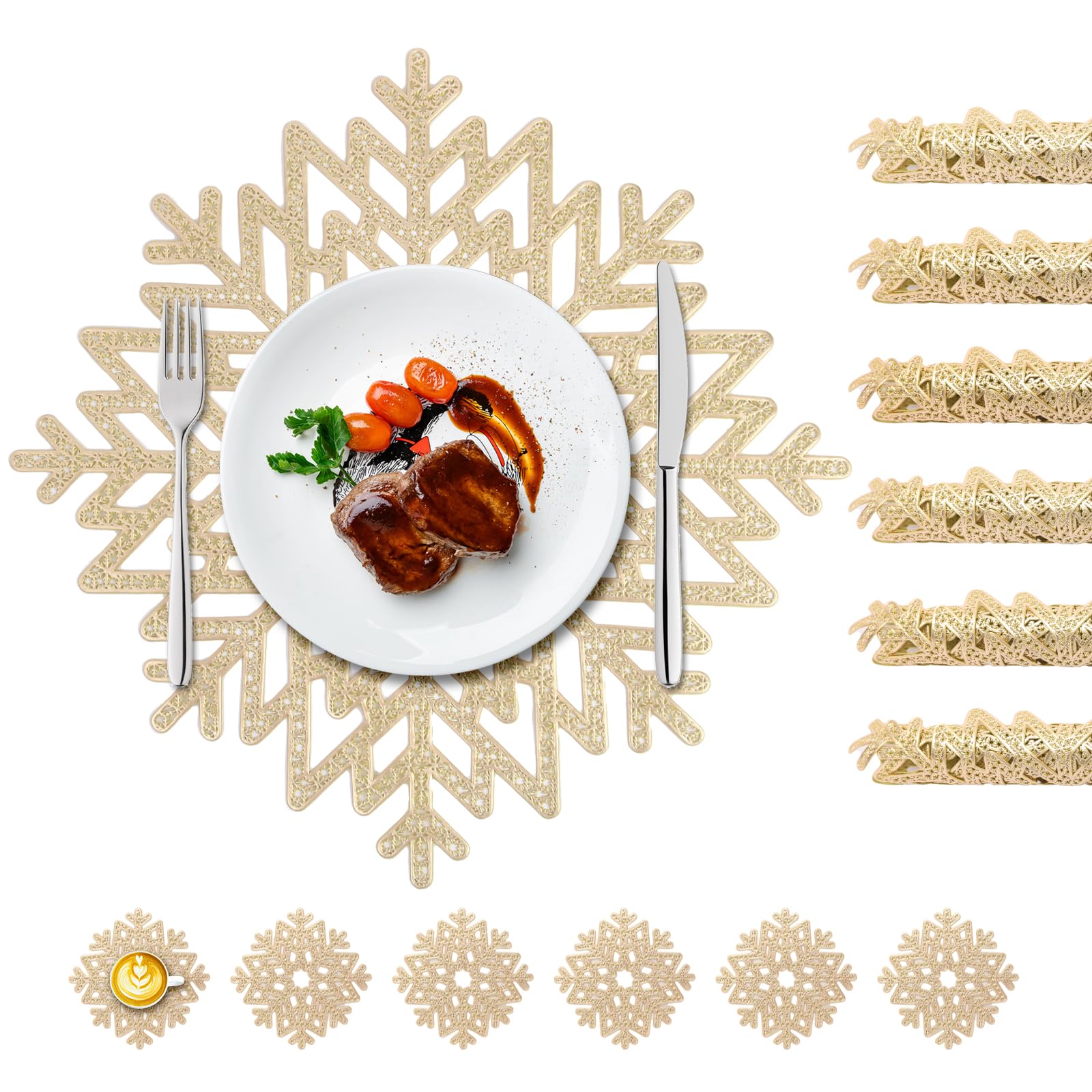 Unictop New Snowflake Round Snowflake Placemats,12Pcs Pvc Gold Table Mat Set Heat Resistant Washable Placemat Of 6Pcs + Coasters Set 6Pcs For Home Kitchen Holiday Decoration