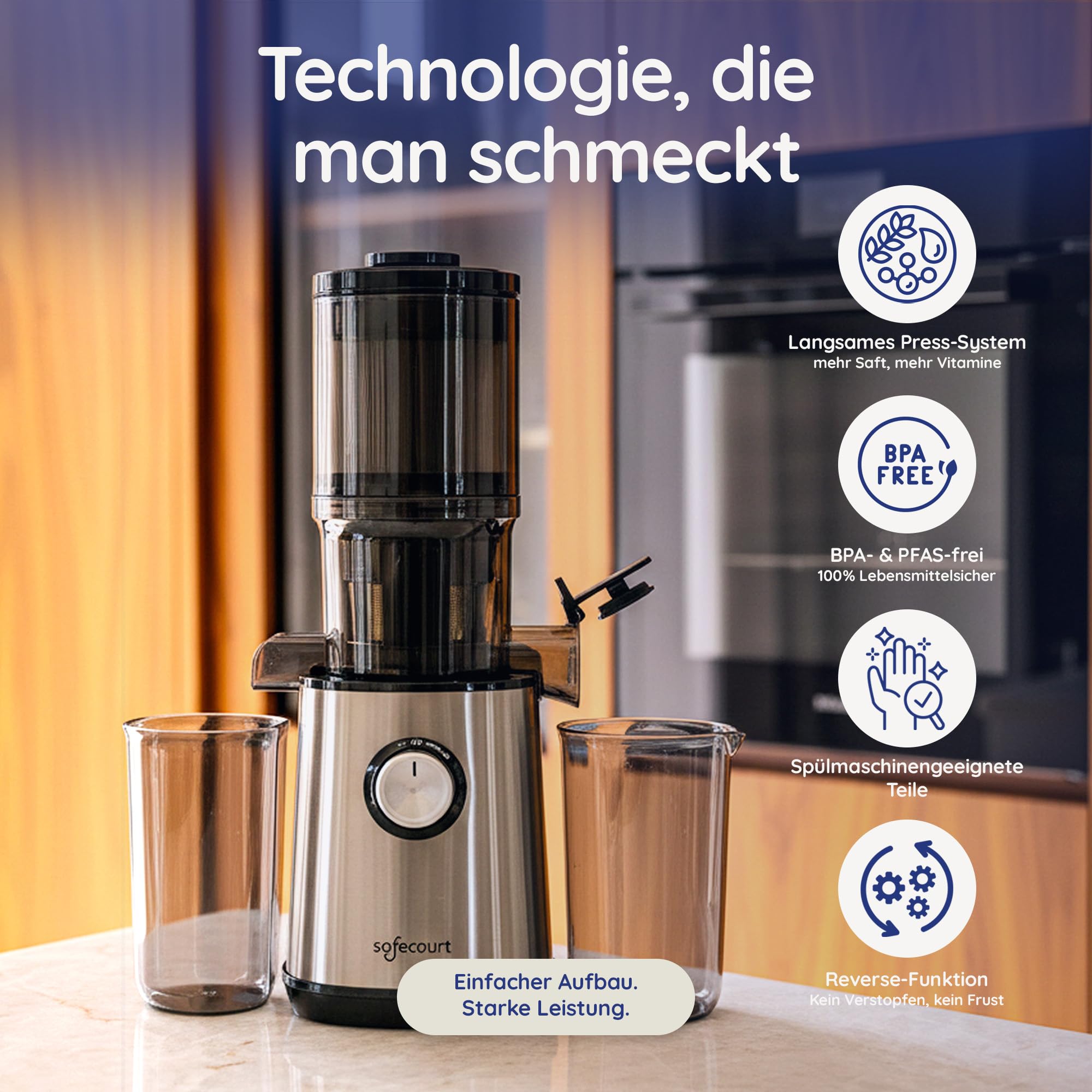 Safecourt Entsafter Gemüse und Obst - Slow Juicer [XXL Einfüllschacht für Ganzes Obst und Gemüse] Saftpresse elektrisch [mit 90% Saftergebnis] - Obstpresse [mit 1.5 Liter Fassungsvermögen] - Silber