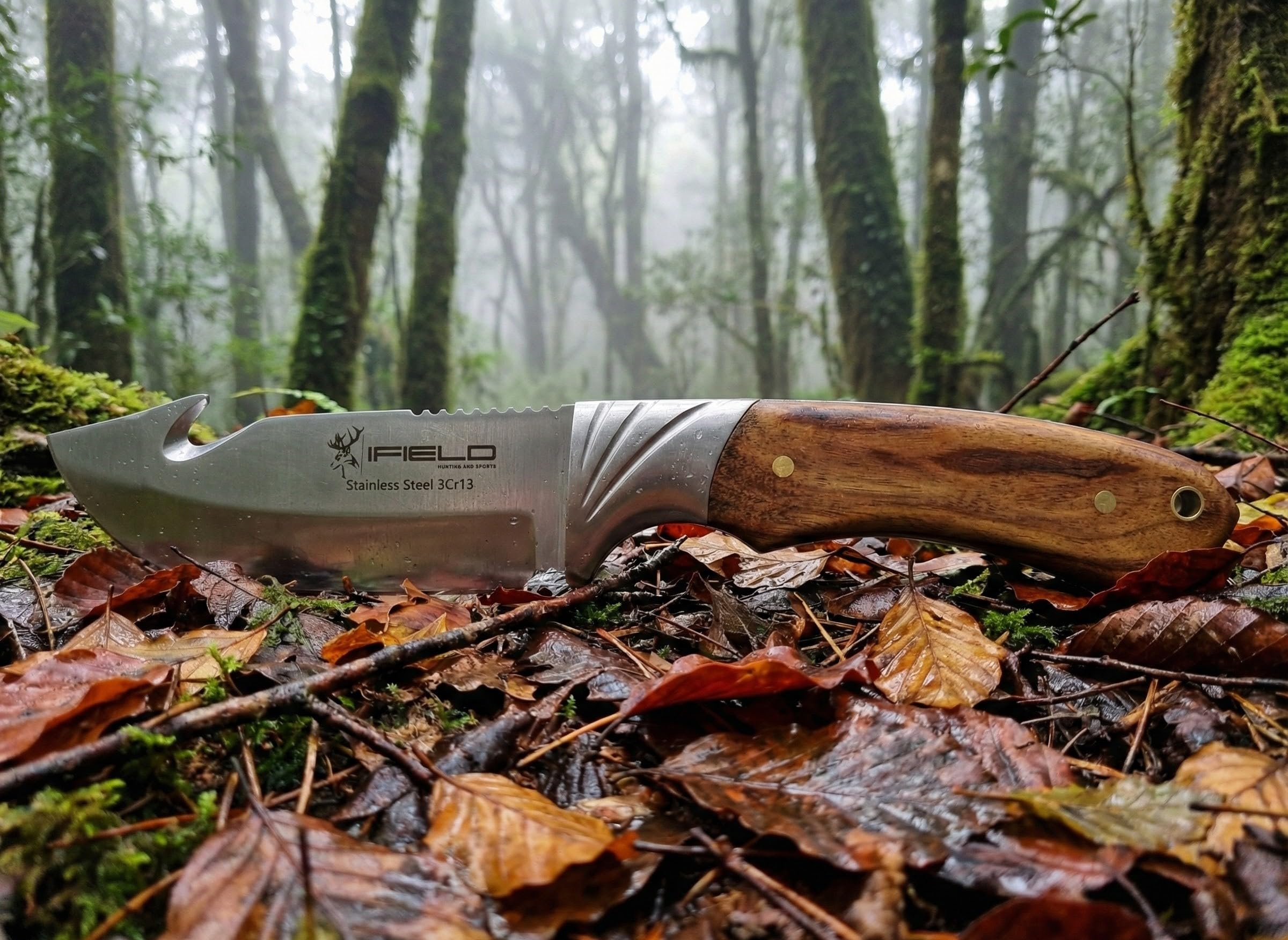 iFIELD EL29010 Coltello multifunzionale per escursioni, caccia e sopravvivenza all'aperto, acciaio inossidabile 3Cr13 con manico in oliva, fodero multiposizione